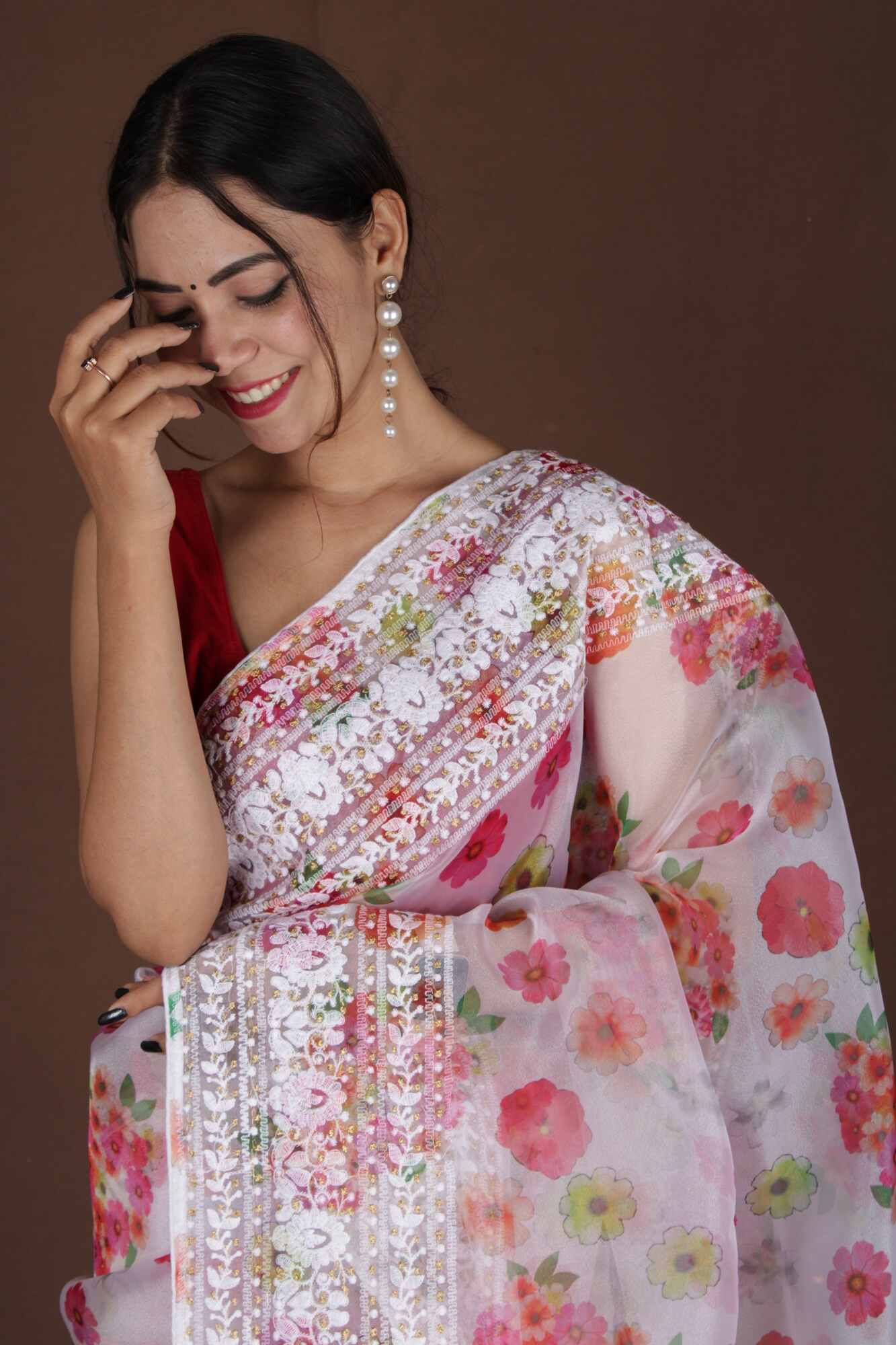 Ready to wear Saree Floral Embroidered Organza Ready to Wear One Minute Saree - Image 7