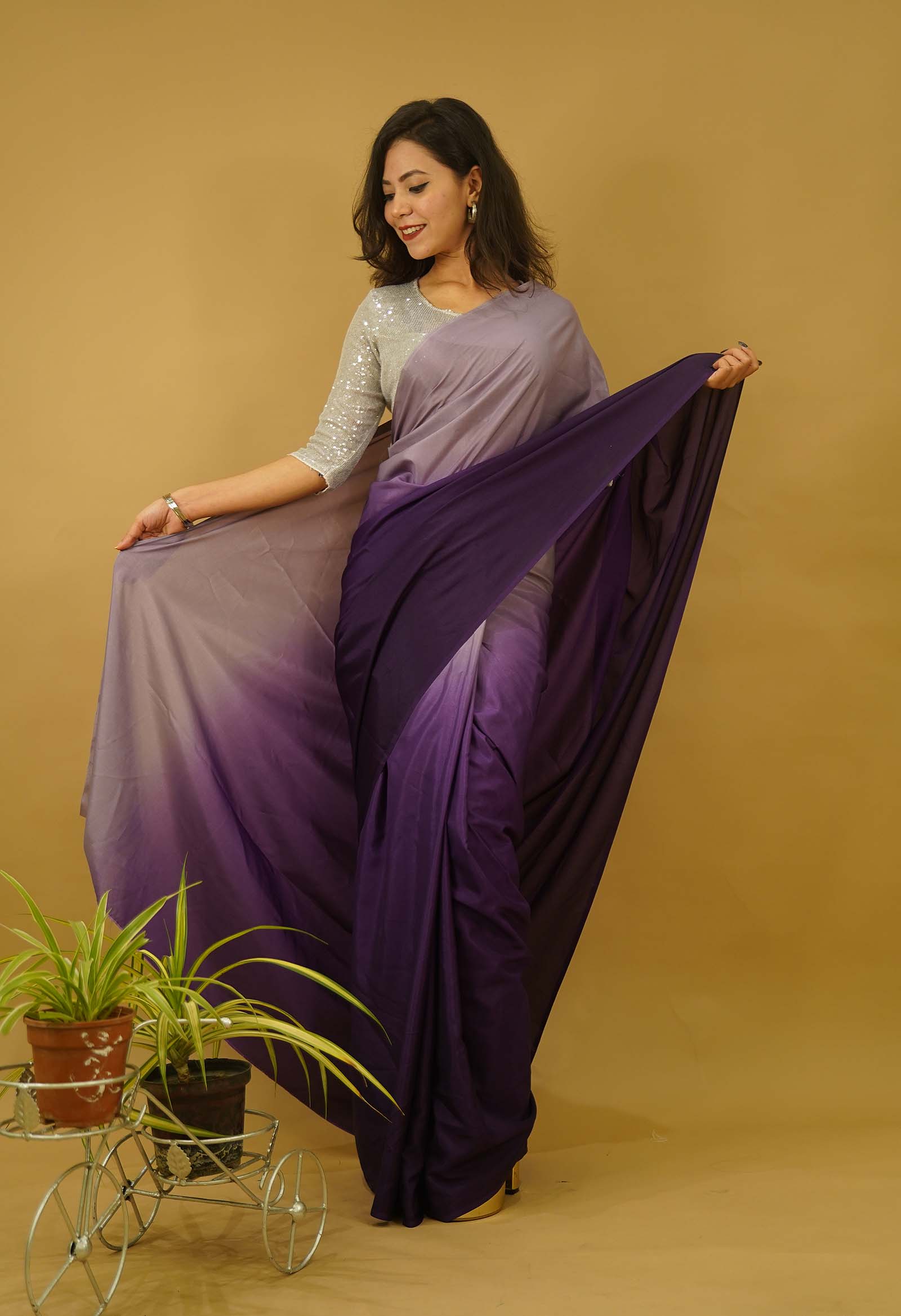 Ready to wear saree Georgette silk Purple Ombre Shaded  Wrap in one minute saree - Image 3