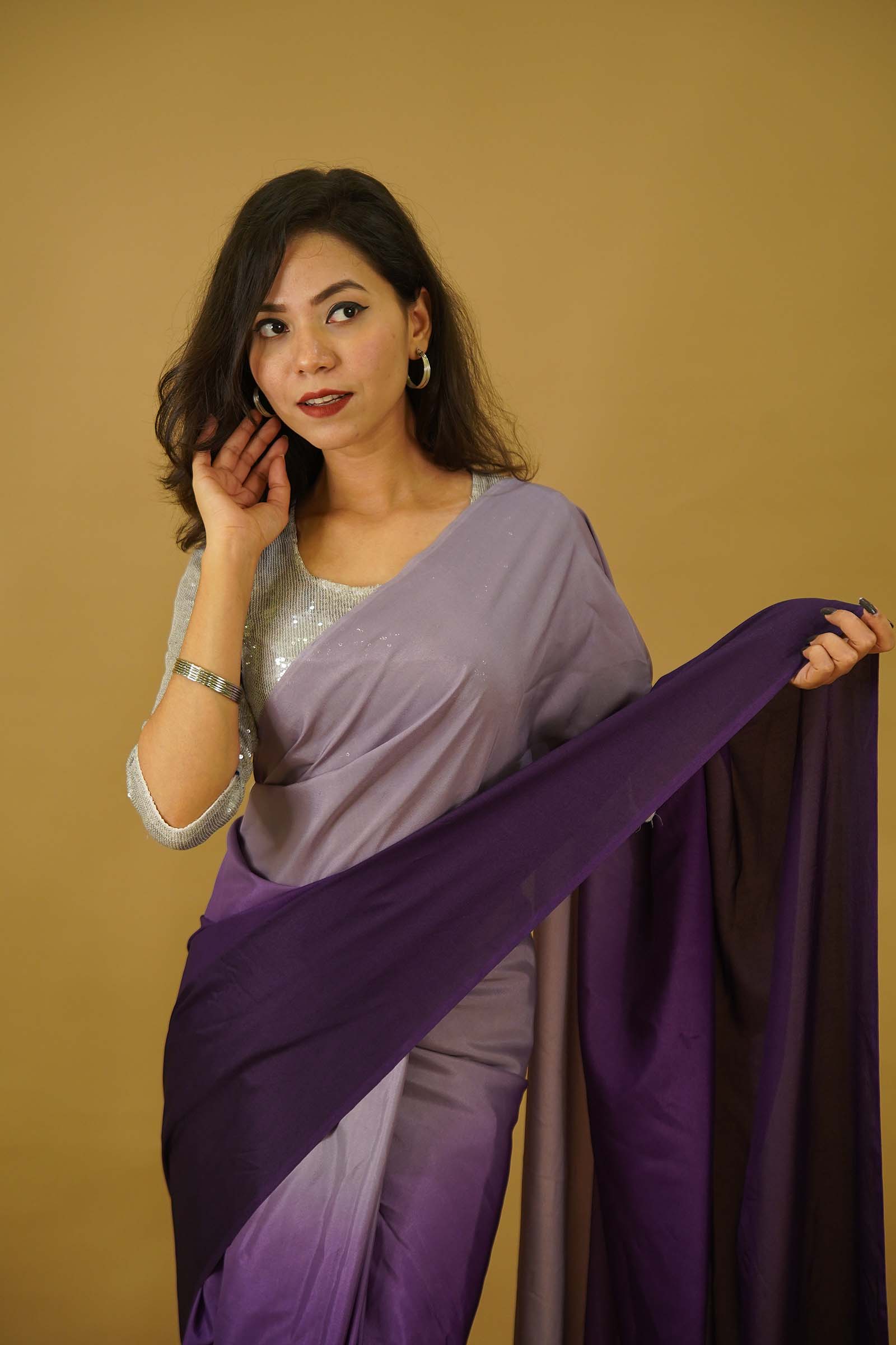 Ready to wear saree Georgette silk Purple Ombre Shaded  Wrap in one minute saree - Image 4