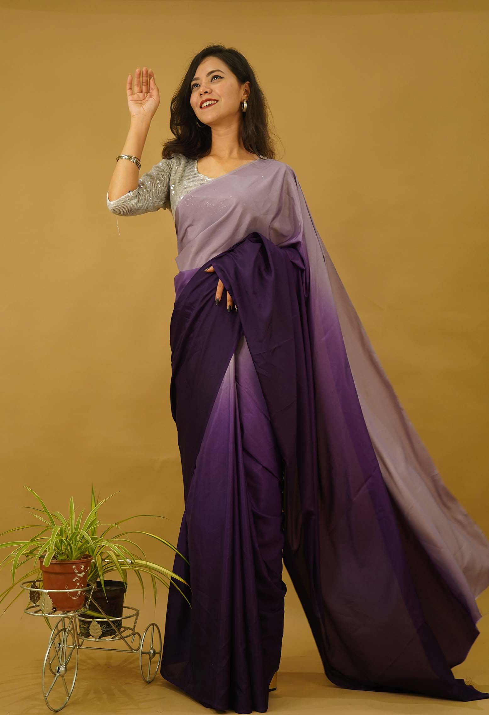 Ready to wear saree Georgette silk Purple Ombre Shaded  Wrap in one minute saree - Image 5