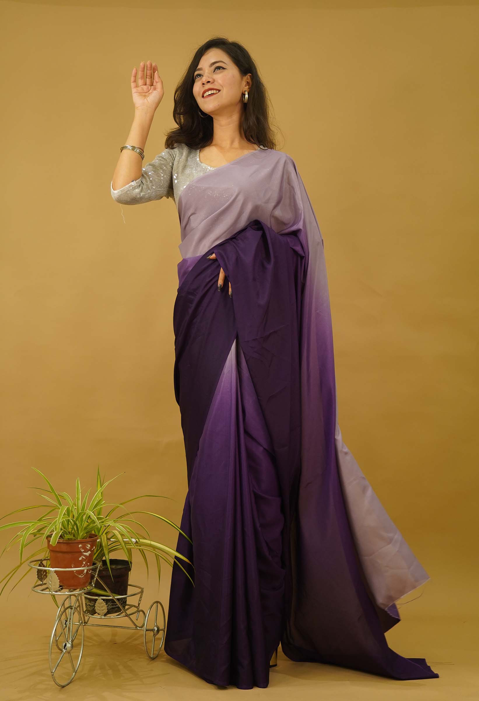 Ready to wear saree Georgette silk Purple Ombre Shaded  Wrap in one minute saree - Image 7
