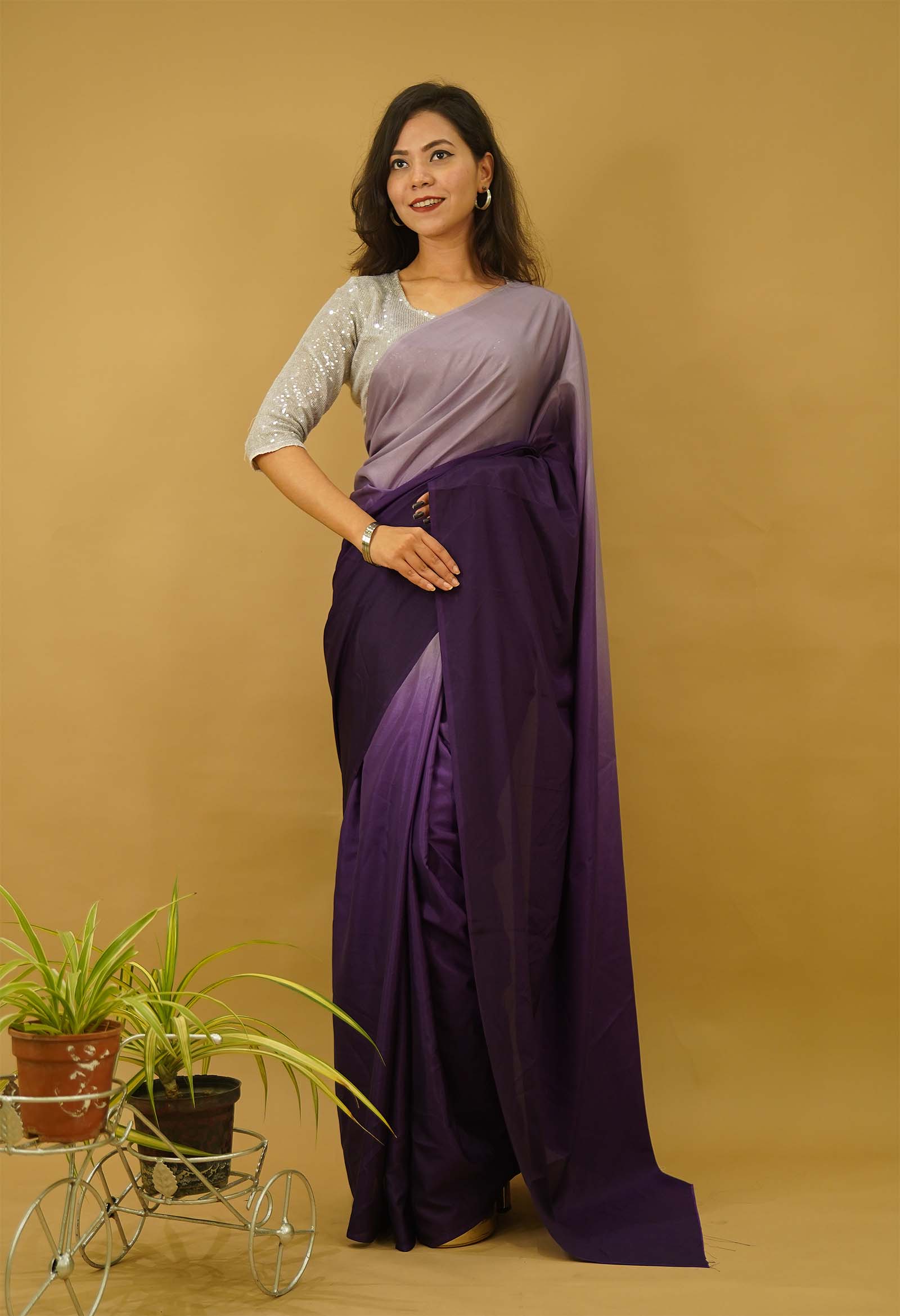 Ready to wear saree Georgette silk Purple Ombre Shaded  Wrap in one minute saree - Image 8