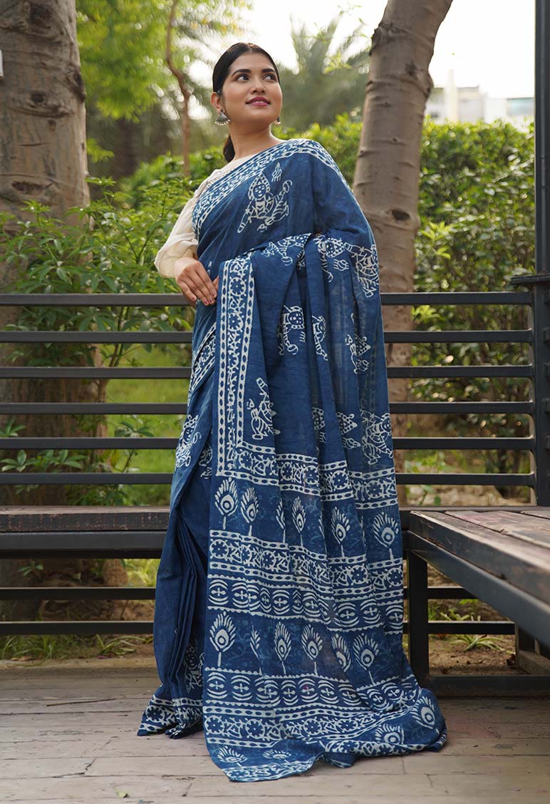 Ready to wear saree Indigo Handblock Print mulmul one minute saree - Image 3