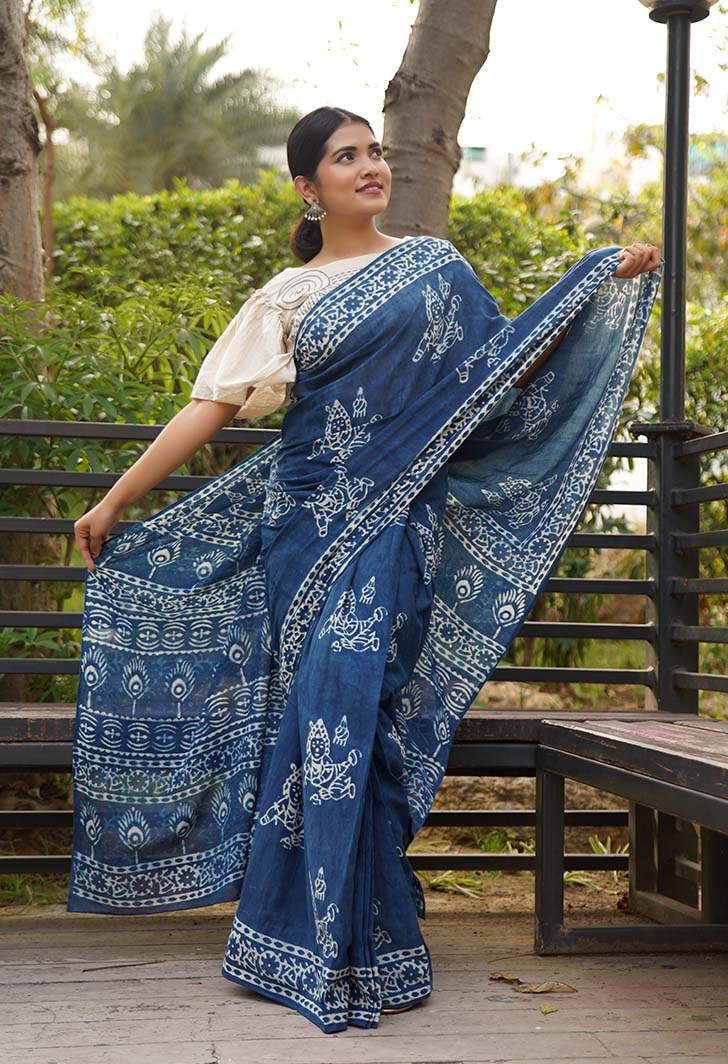 Ready to wear saree Indigo Handblock Print mulmul one minute saree - Image 4