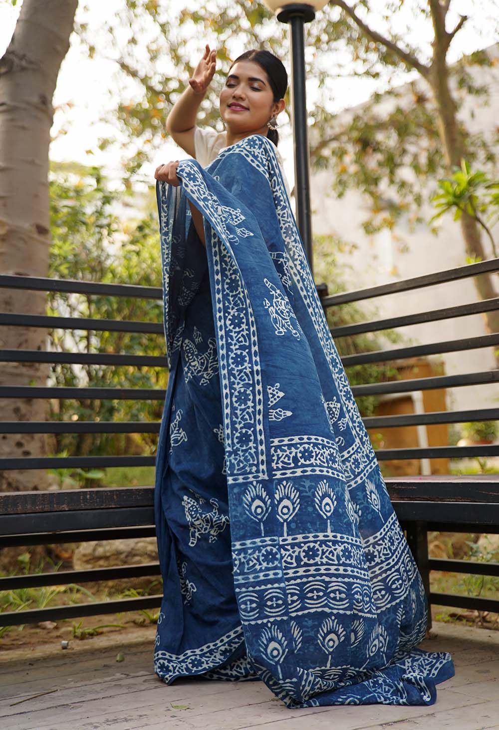 Ready to wear saree Indigo Handblock Print mulmul one minute saree - Image 5