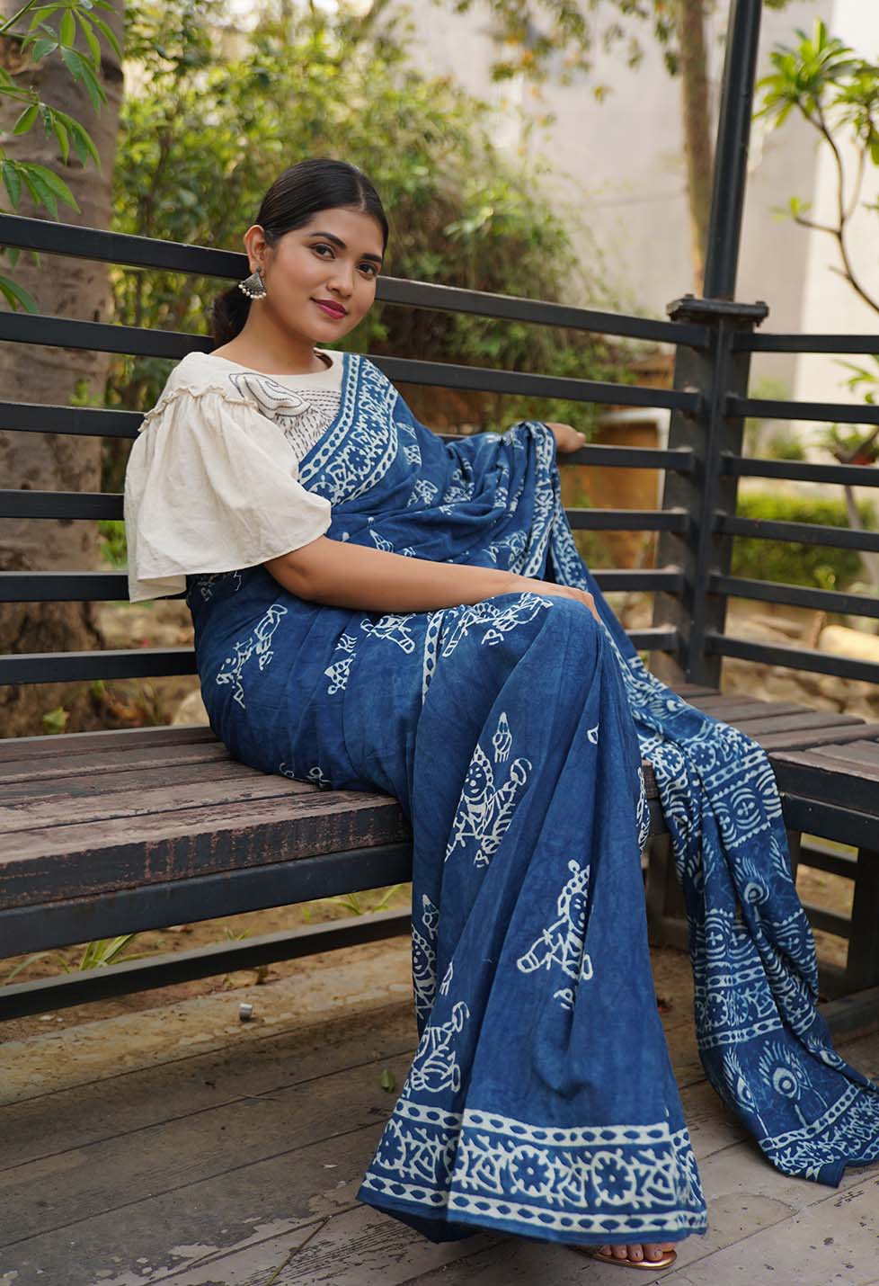 Ready to wear saree Indigo Handblock Print mulmul one minute saree - Image 6
