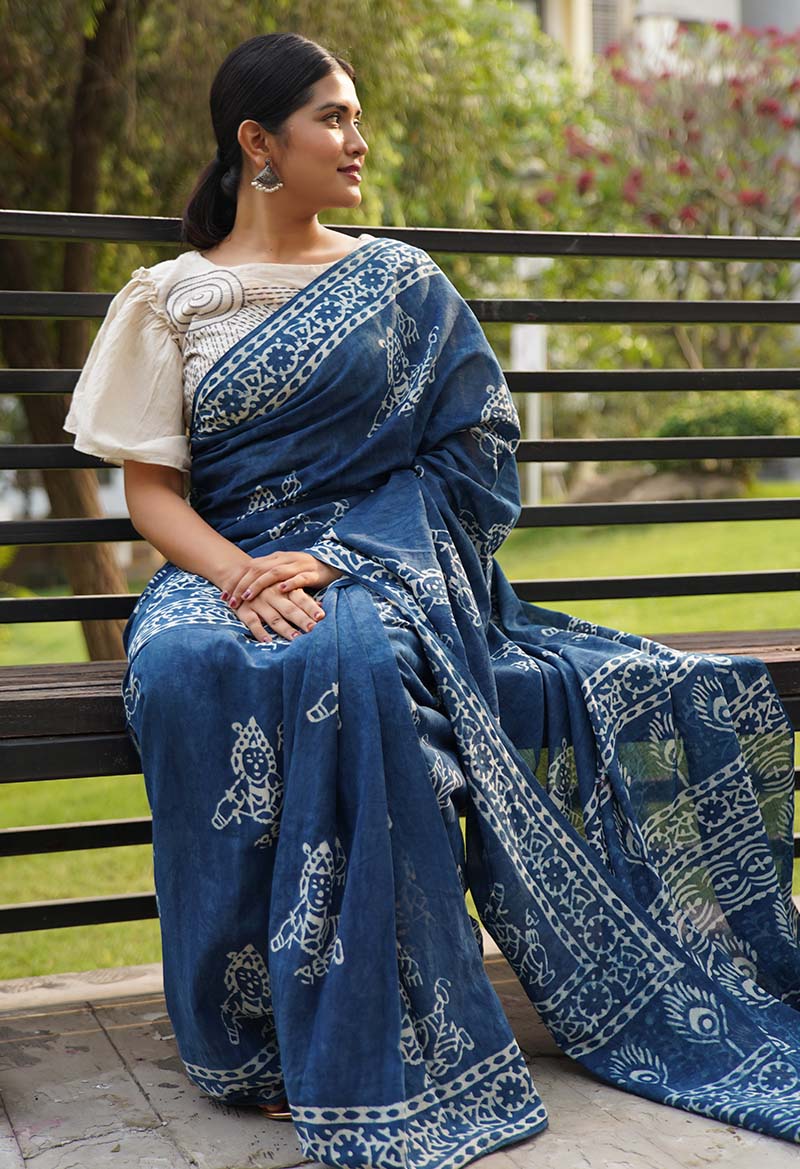 Ready to wear saree Indigo Handblock Print mulmul one minute saree - Image 7