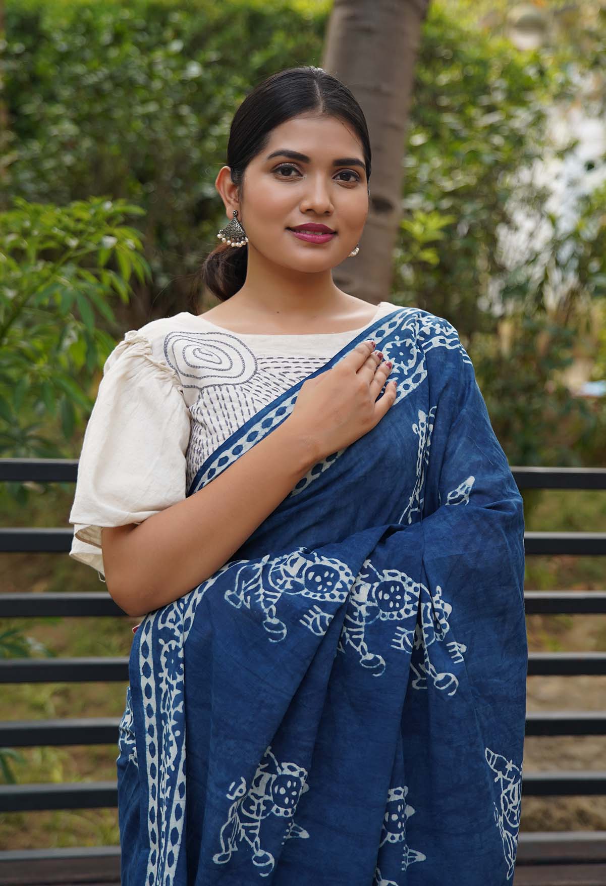 Ready to wear saree Indigo Handblock Print mulmul one minute saree - Image 8