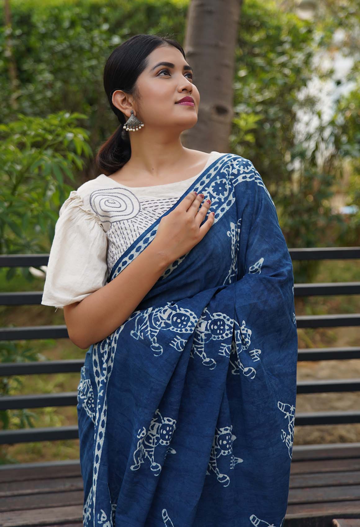 Ready to wear saree Indigo Handblock Print mulmul one minute saree - Image 9