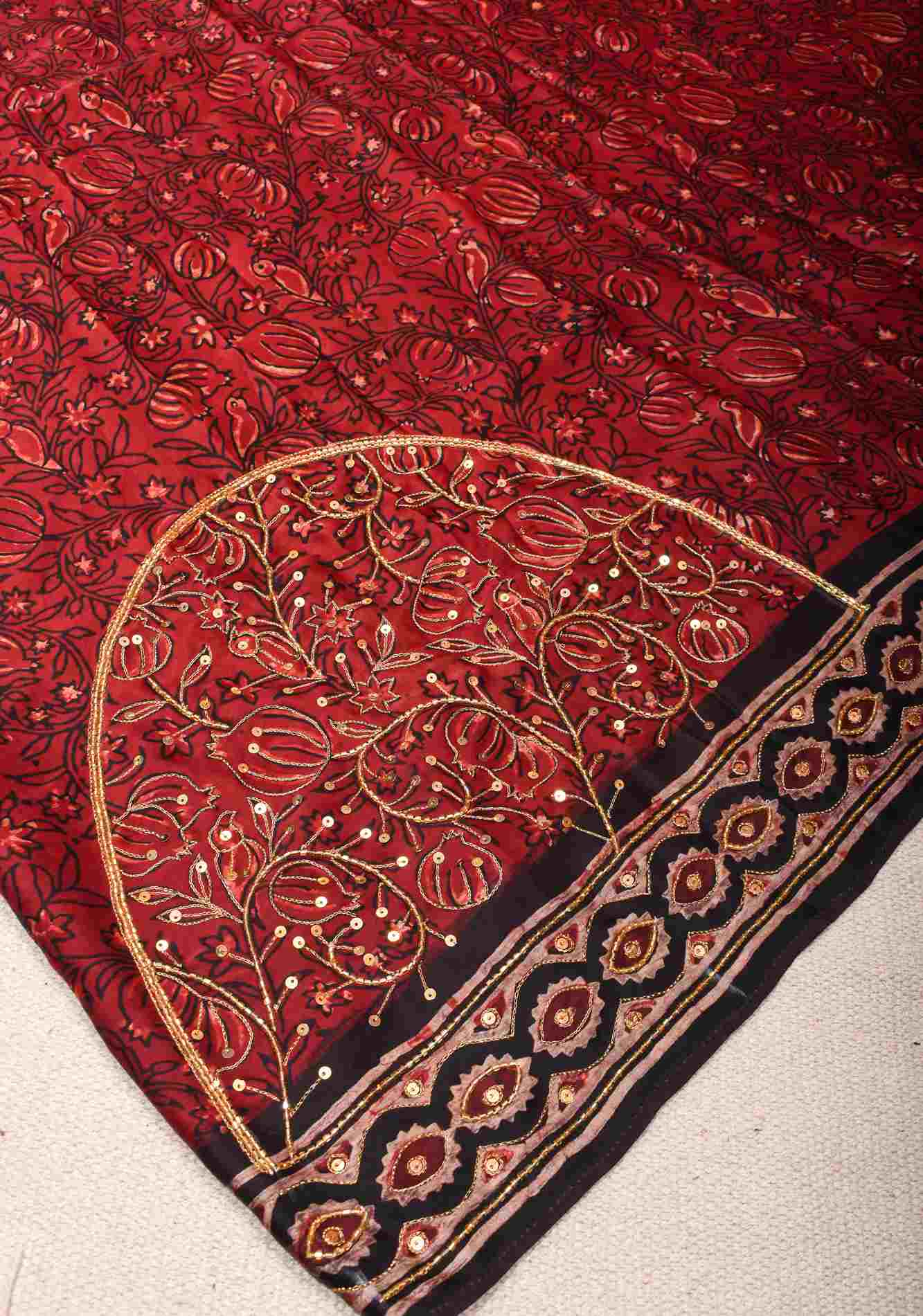 Ready to wear saree Maroon Authentic Hand Block Print Modal Silk Saree with Floral Pattern and Sequins, Cutdana work - Image 5