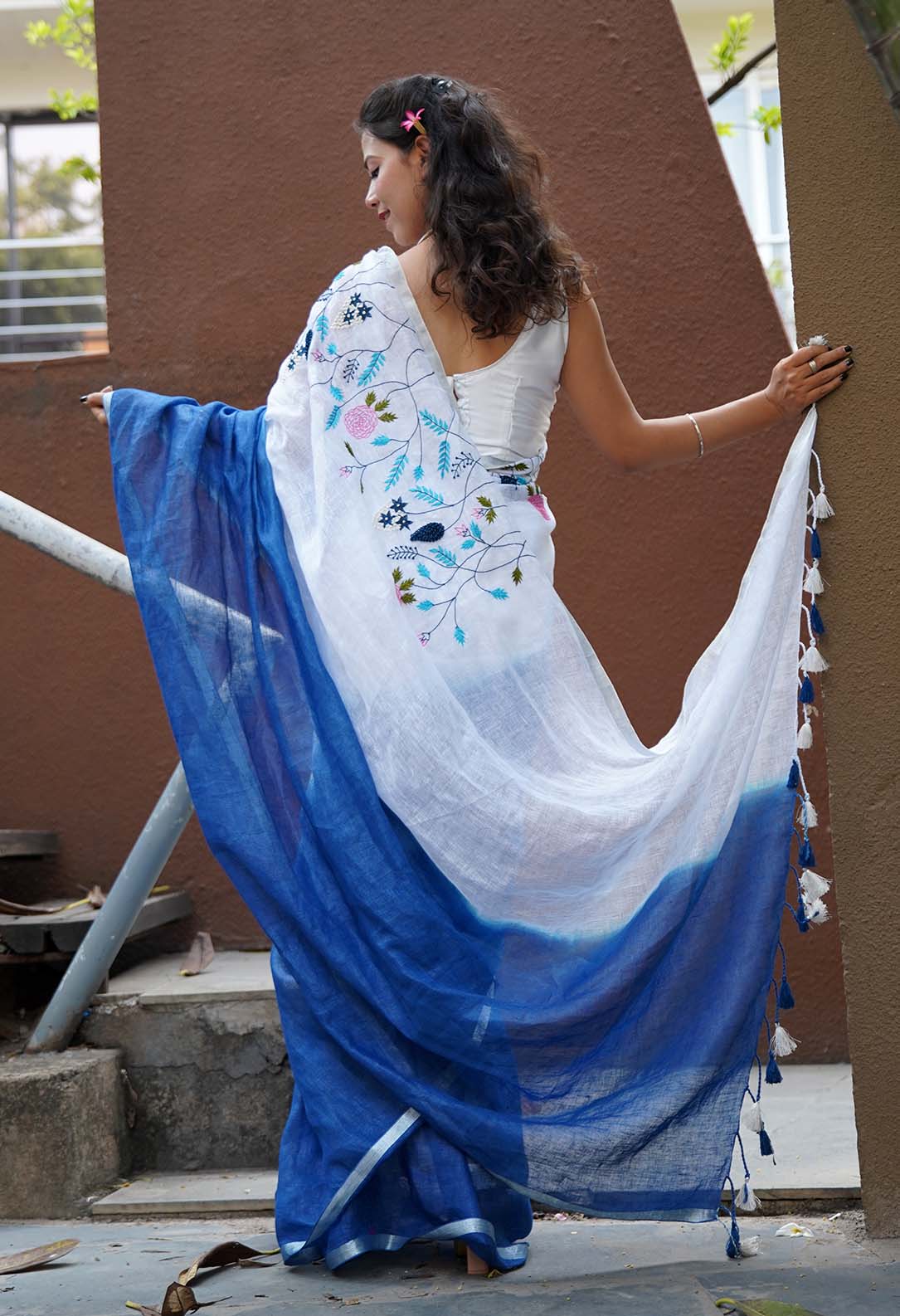 Ready to wear saree pure linen Intricate Combination of  Hand embroidery Ready To Wear Saree - Image 6