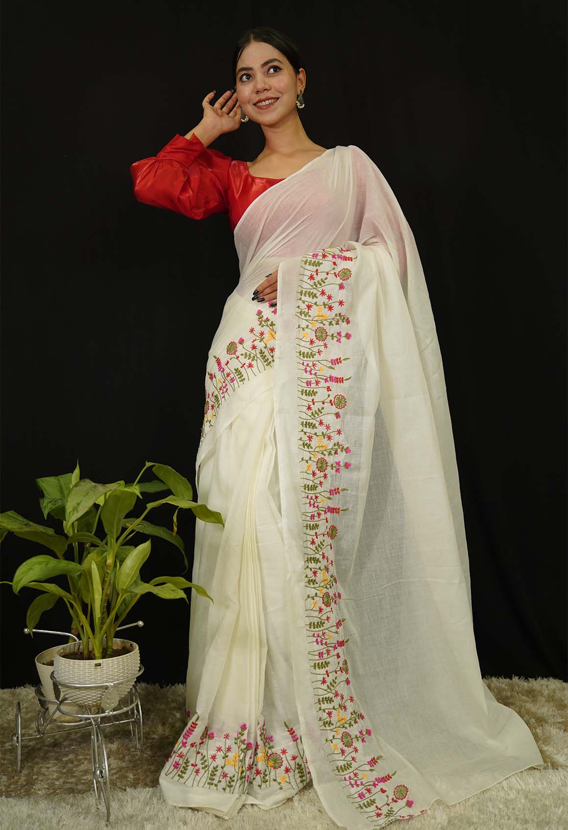 Ready to wear saree Resham embroidered border cotton prestitched saree - Image 2