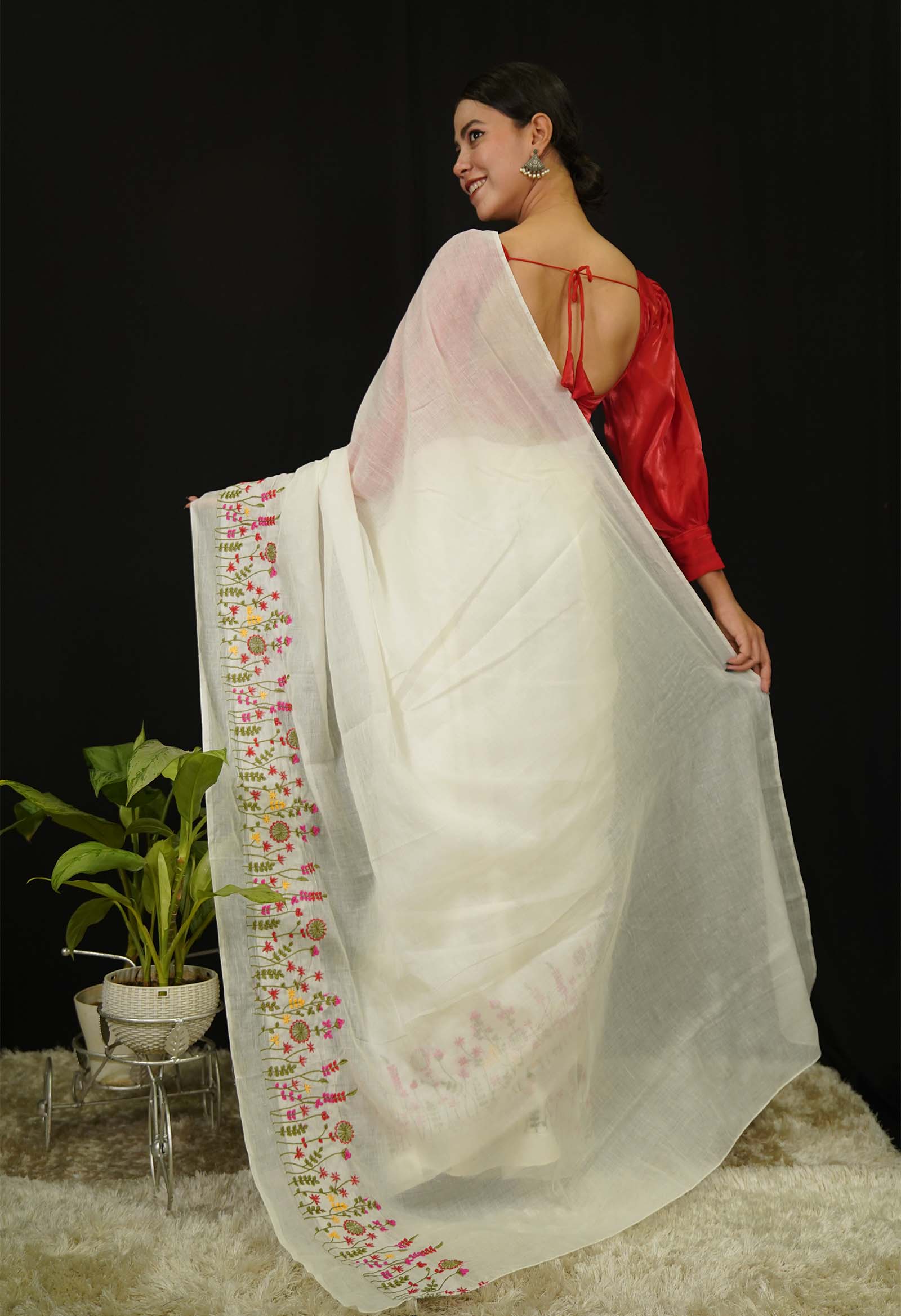 Ready to wear saree Resham embroidered border cotton prestitched saree - Image 4