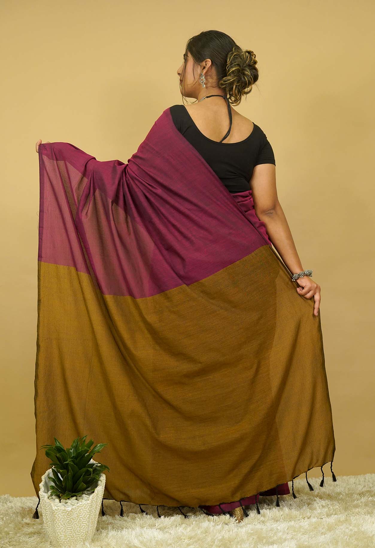 Ready To Wear Saree With Musturd Yellow Pallu Khadi Cotton Wrap In One Minute Saree - Image 3