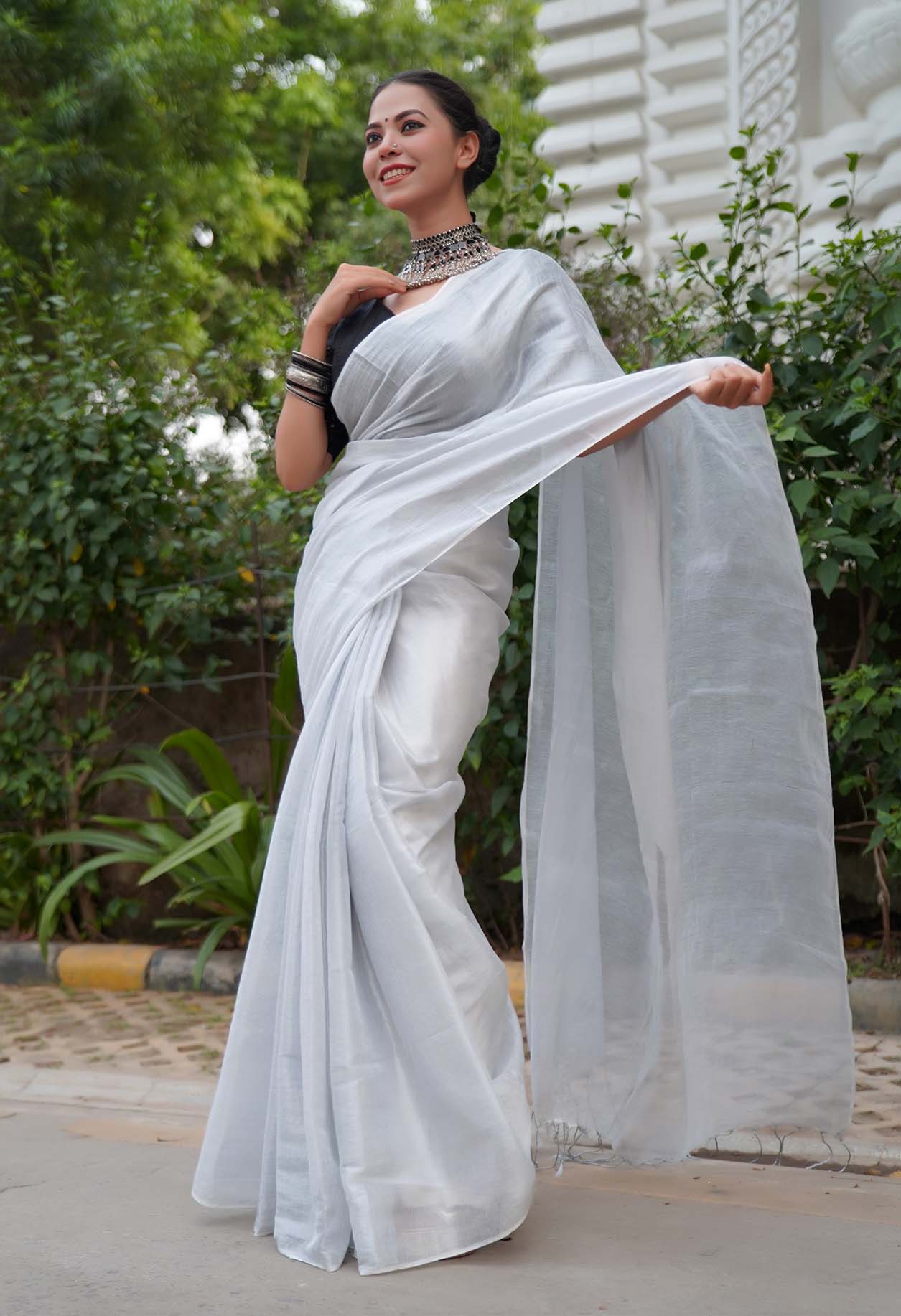 Ready To Wear Silver Metallic Dhoop Chaav  Tissue With Tassels On Pallu  Wrap in 1 minute saree - Image 2