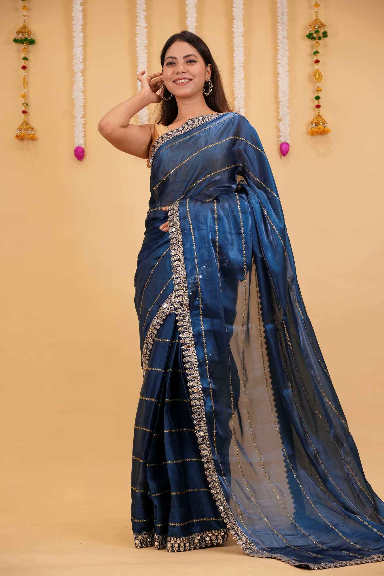 Ready to wear Soft Organza with Real Mirror Work Embroidery Border & Exquisite Blouse - Image 2