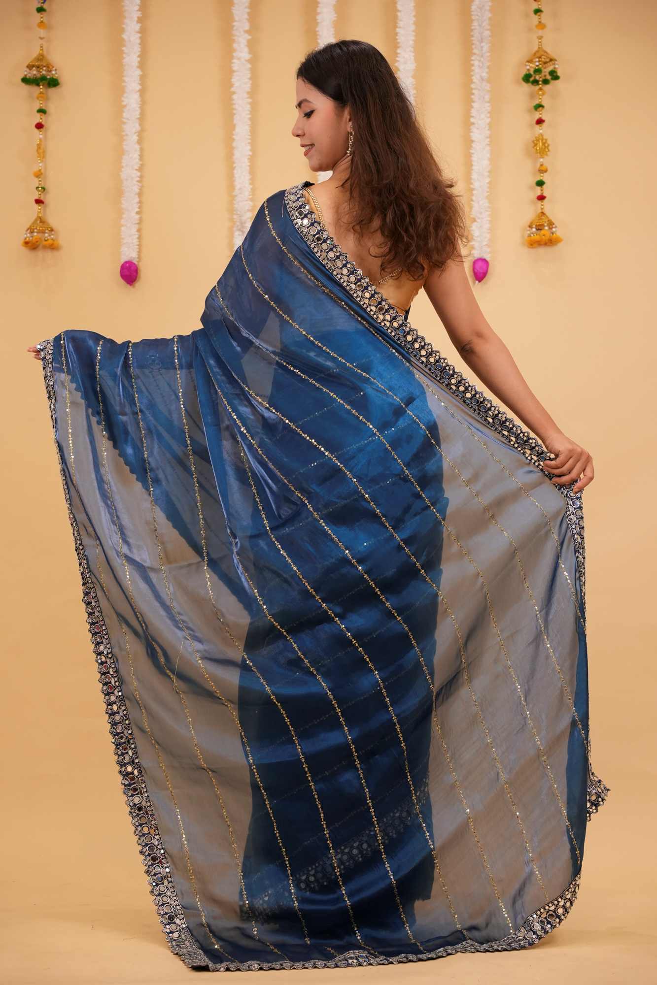 Ready to wear Soft Organza with Real Mirror Work Embroidery Border & Exquisite Blouse - Image 4