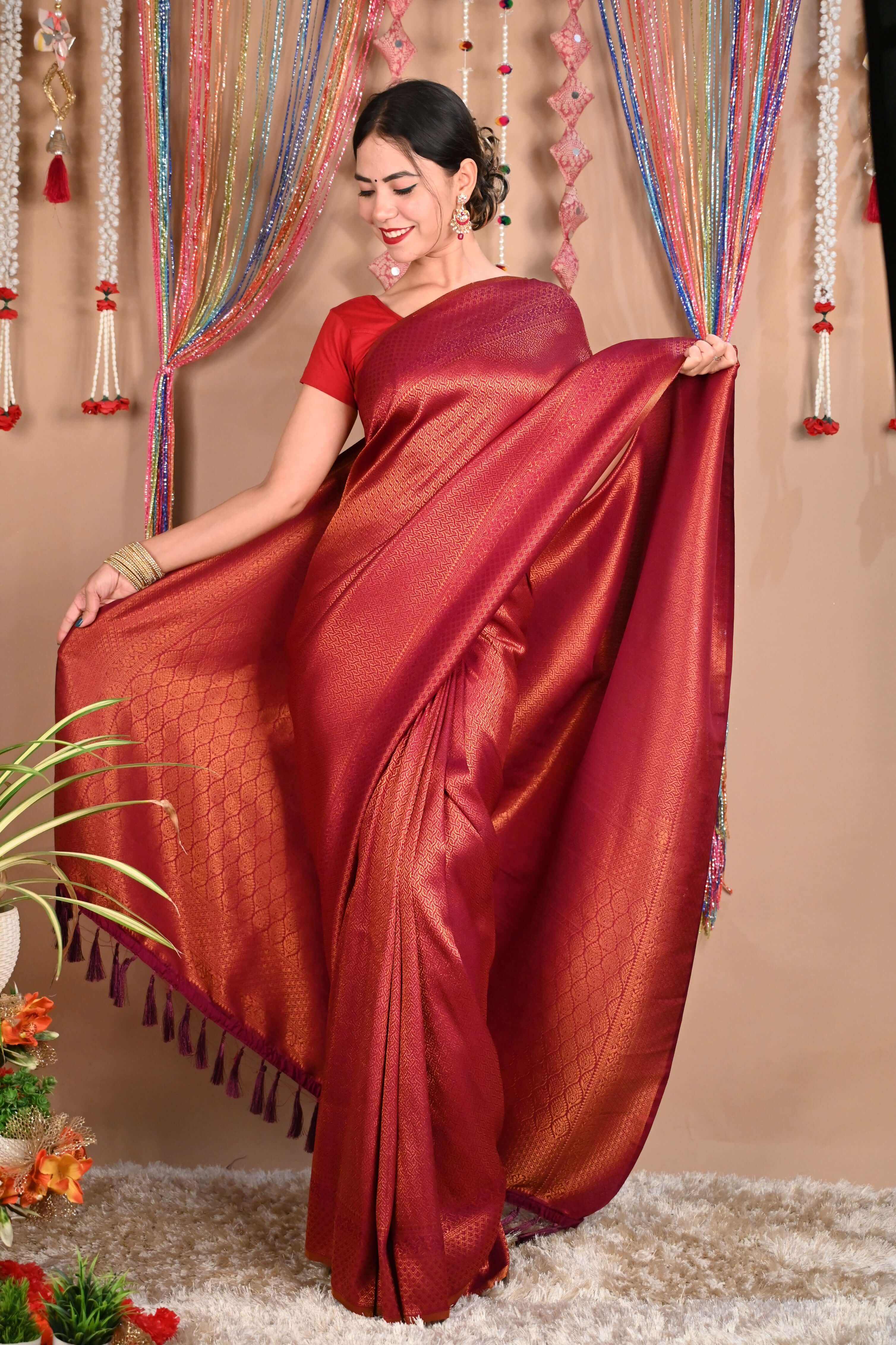 Ready To Wear Sophisticated Wedding Kanjeevaram Dhoop Chaanv Wrap in 1 minute saree - Image 5