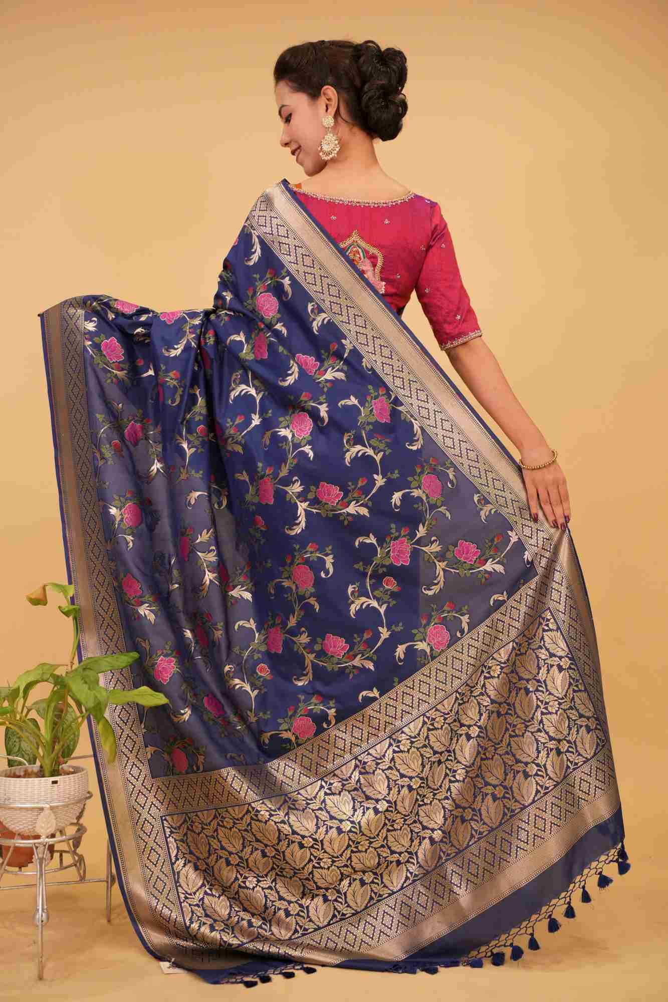 Ready To Wear Space Cadet tone Exquisite Meenakari Rose Jaal Semi Silk Saree and zari border - Image 4