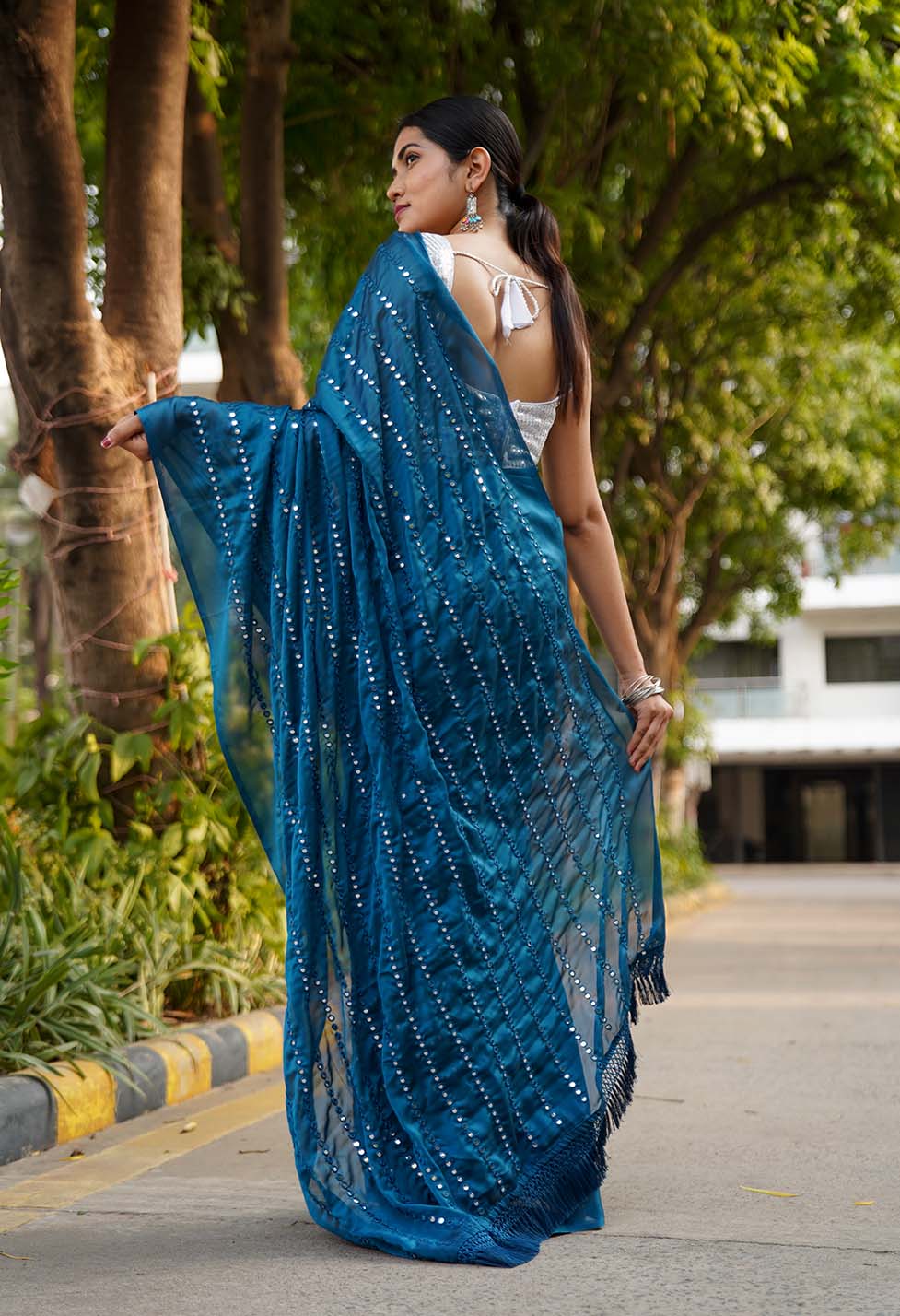 Ready To Wear Teal blue Mirror embellished over all on pallu and at bottom   Work Wrap in 1 minute saree - Image 3