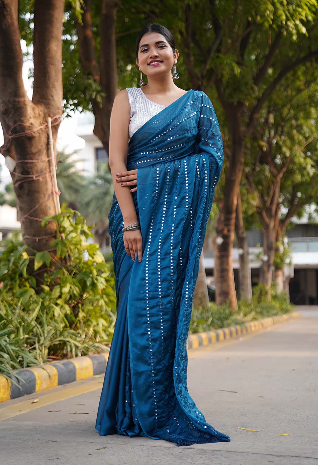 Ready To Wear Teal blue Mirror embellished over all on pallu and at bottom   Work Wrap in 1 minute saree - Image 8