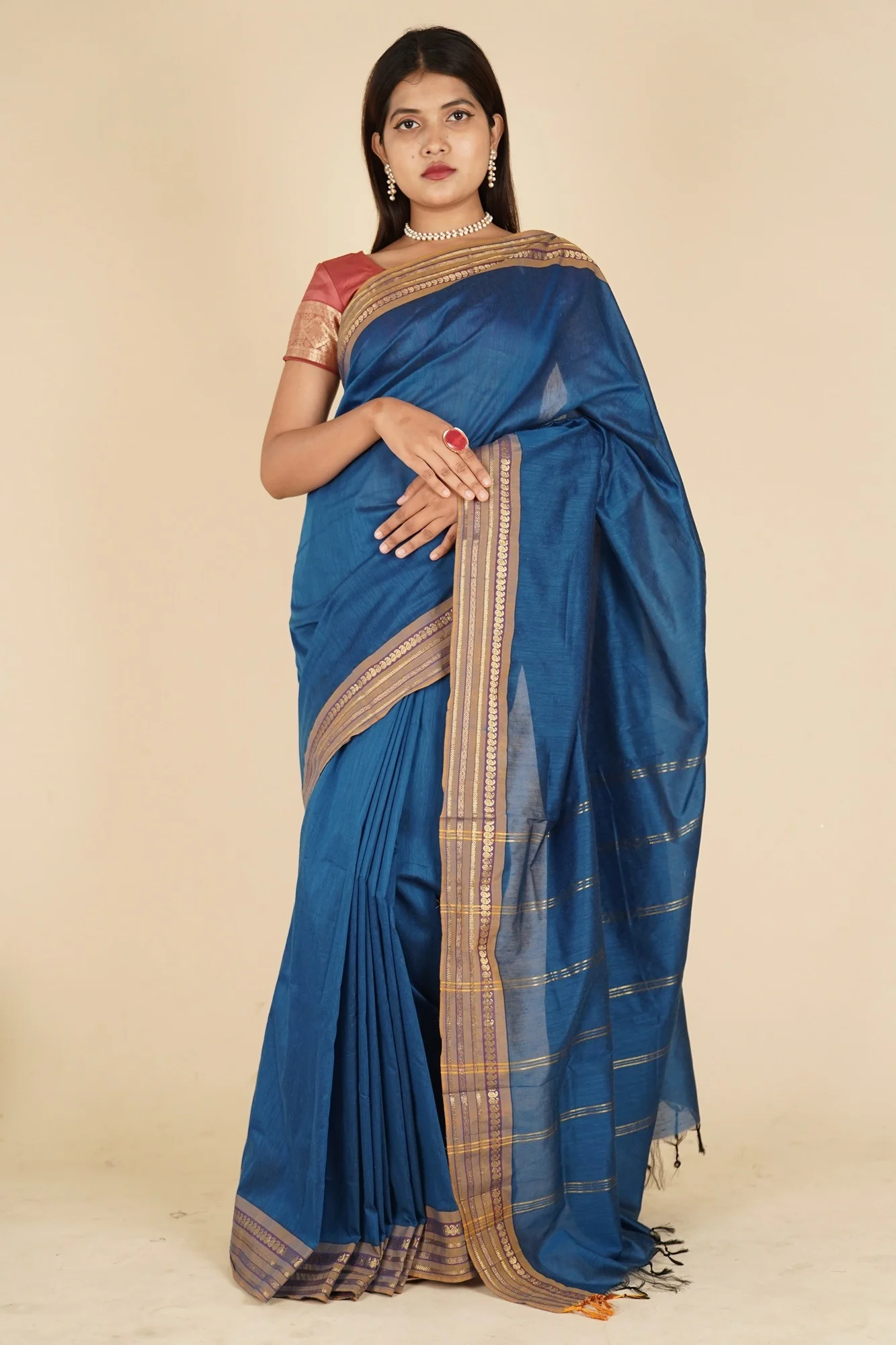 Ready To Wear Theni Cotton with Chettinad Woven Border Wrap in 1 minute saree - Image 3