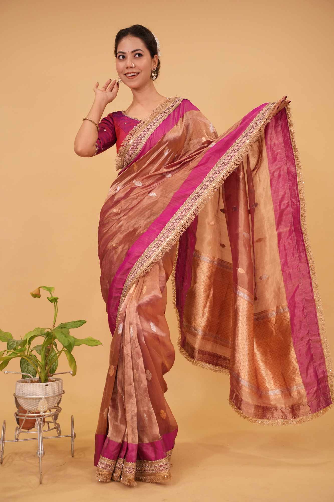 Ready To Wear Trendy Pure Banarasi Tissue Silk Saree in Pink with Fancy Lace Trim and Sona Rupa Floral Buttas | SILK MARK CERTIFIED - Image 3