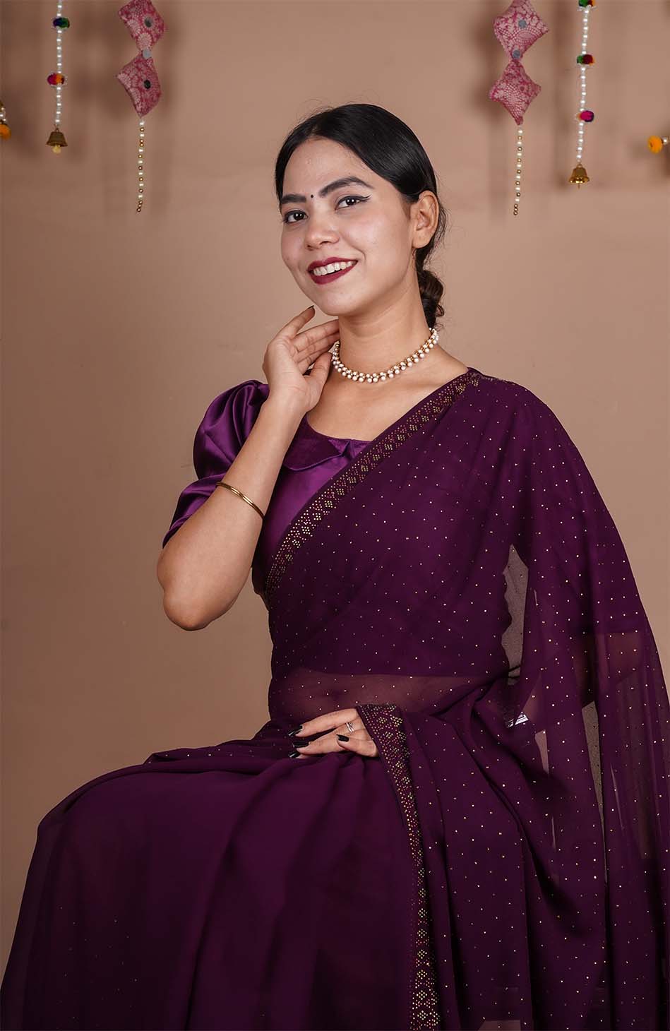 Ready To Wear Wine Soft Georgette With Stone Sequence Detailed  Work All Over  Wrap in 1 minute saree - Image 7