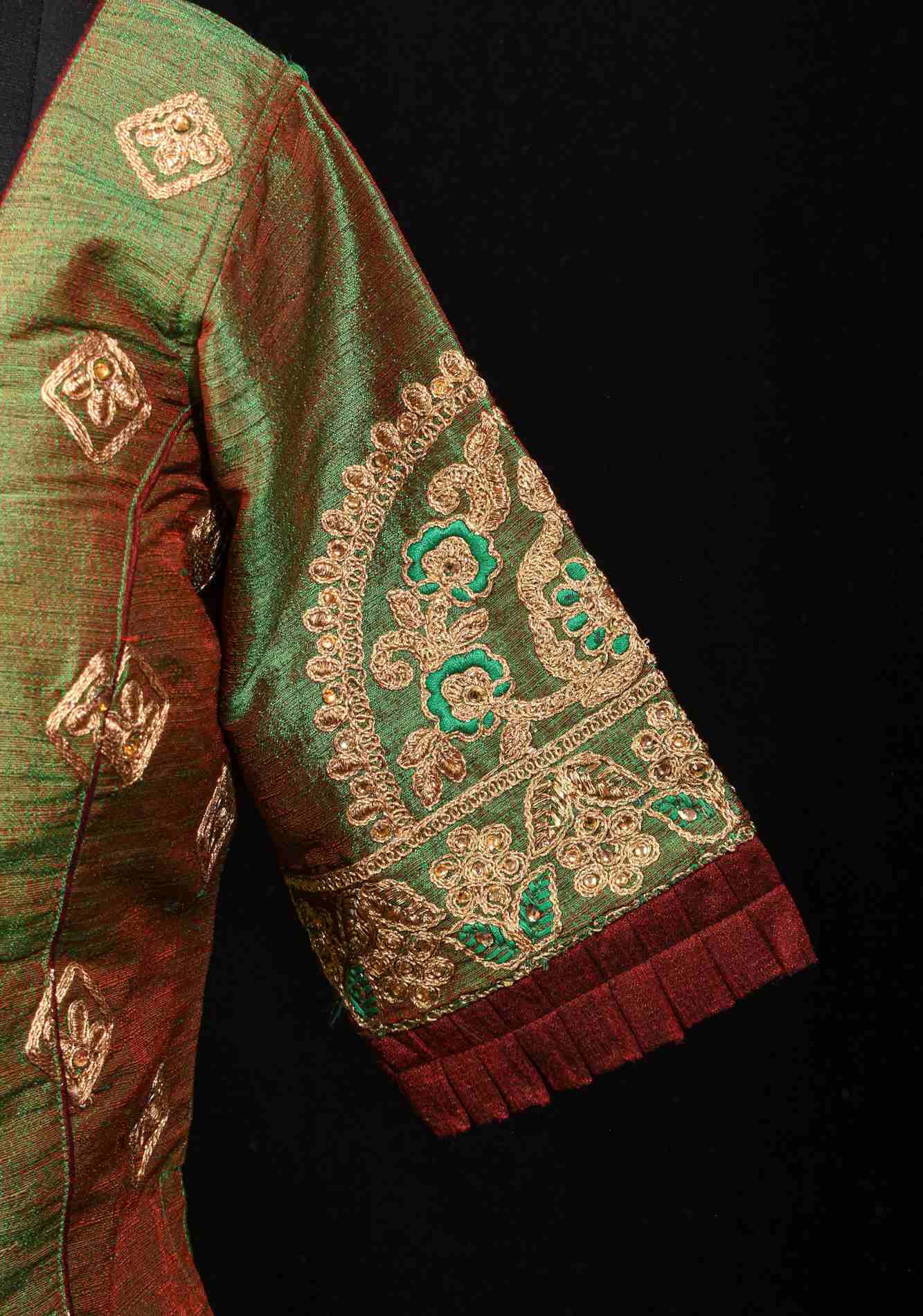Readymade: Henna Green Semi Raw Silk Medium Length Jacket Blouse with Machine embroidery - Image 5