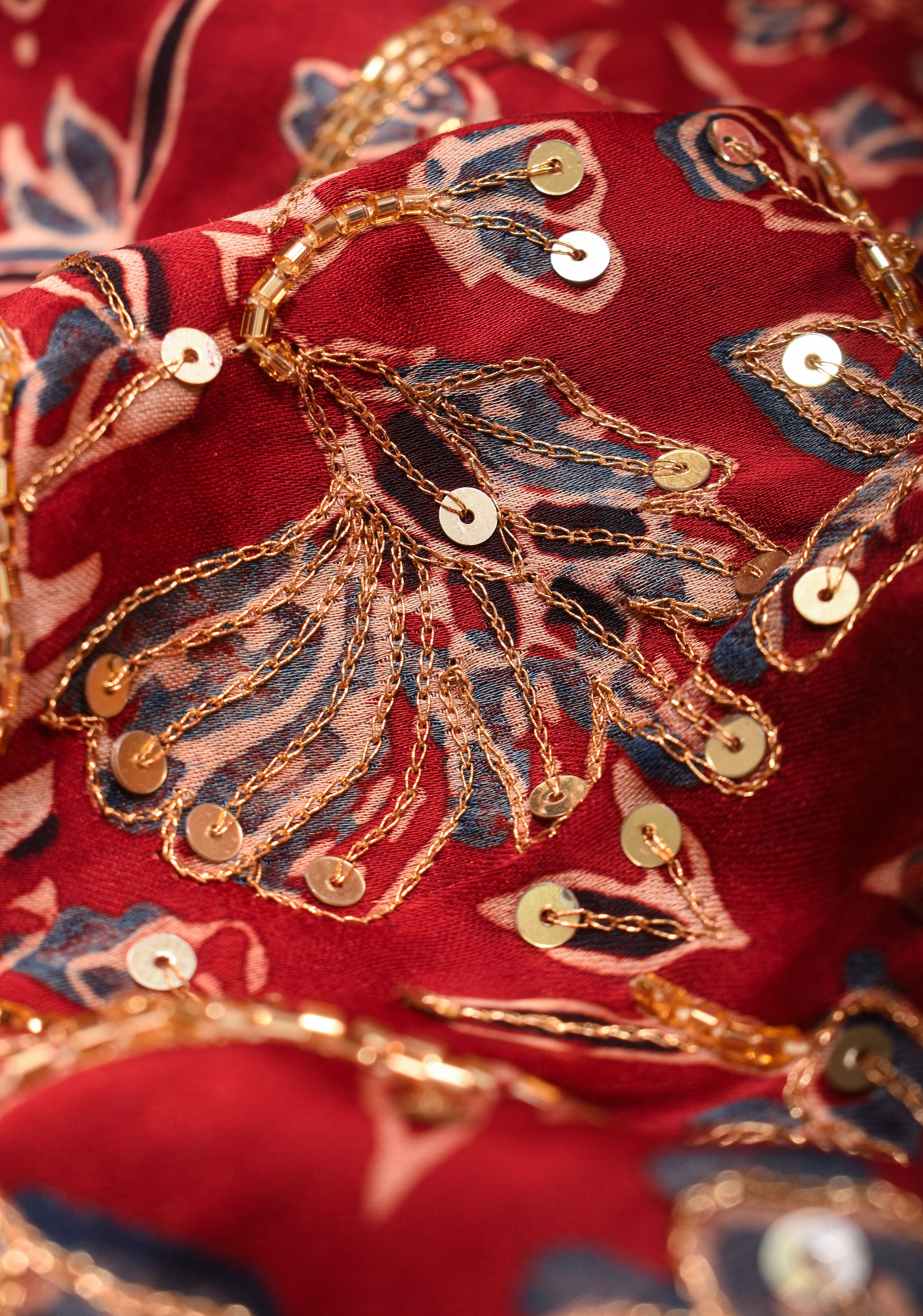 Red Ajrakh Hand Block Print on Modal Silk Saree with Cutdana & Sequins Work | Shobitam - Image 5