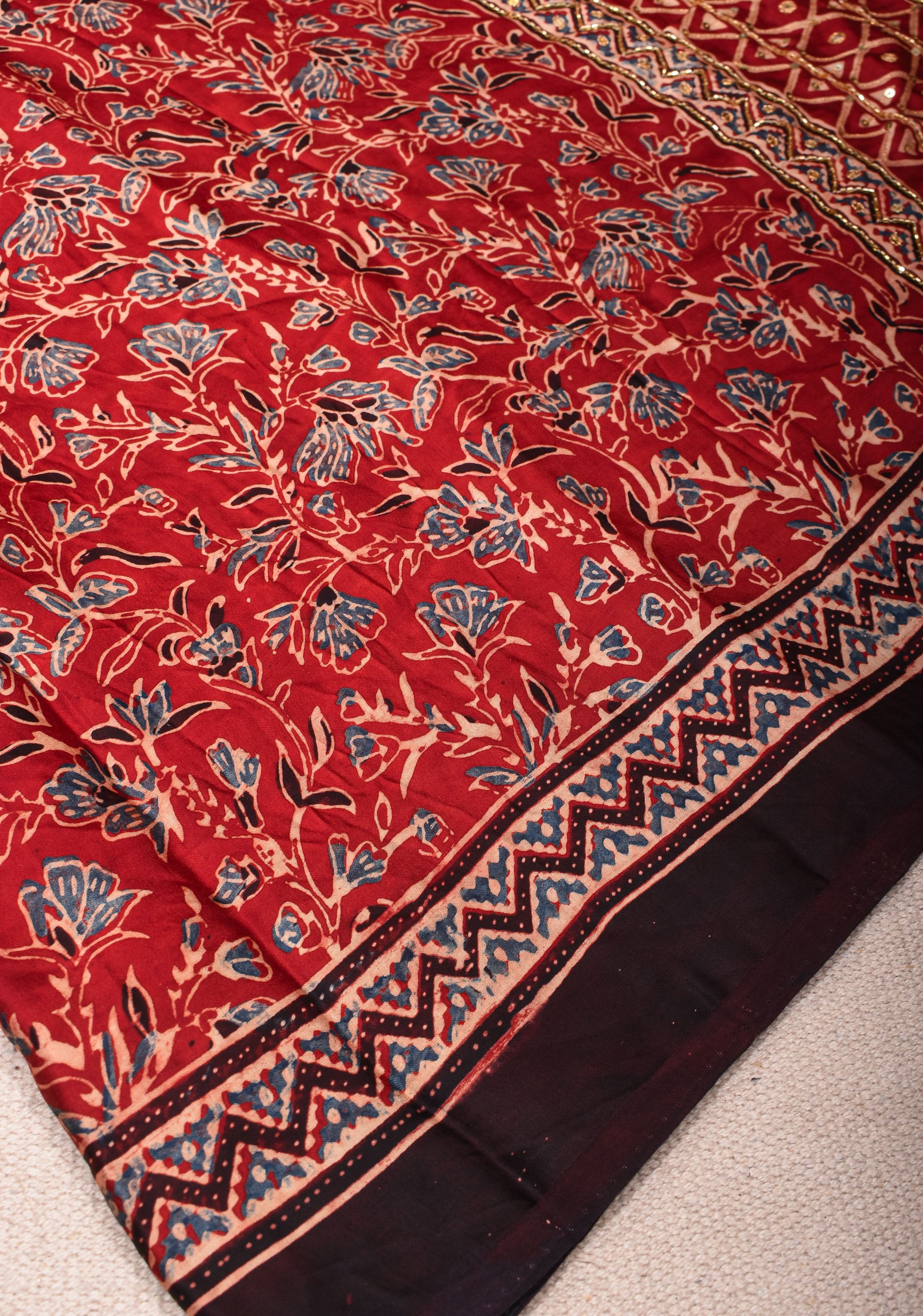 Red Ajrakh Hand Block Print on Modal Silk Saree with Cutdana & Sequins Work | Shobitam - Image 9