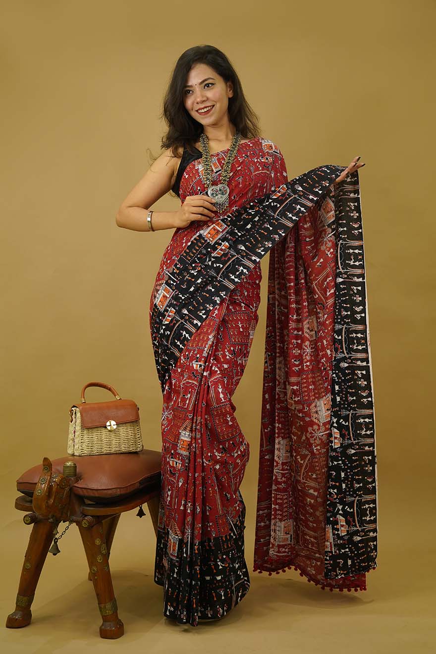 Red and Black Soft Cotton Tannt Over All Traditional Tribal Art Printed Wrap In One Minute Saree - Image 4