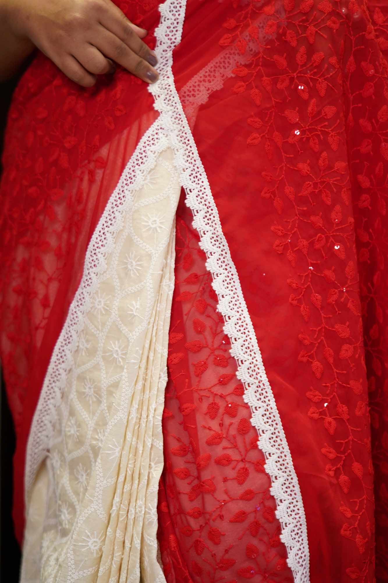 Red and white Cotton Hakoba Work Cotton with Embroidered Pallu and lace border ready to wear saree - Image 5