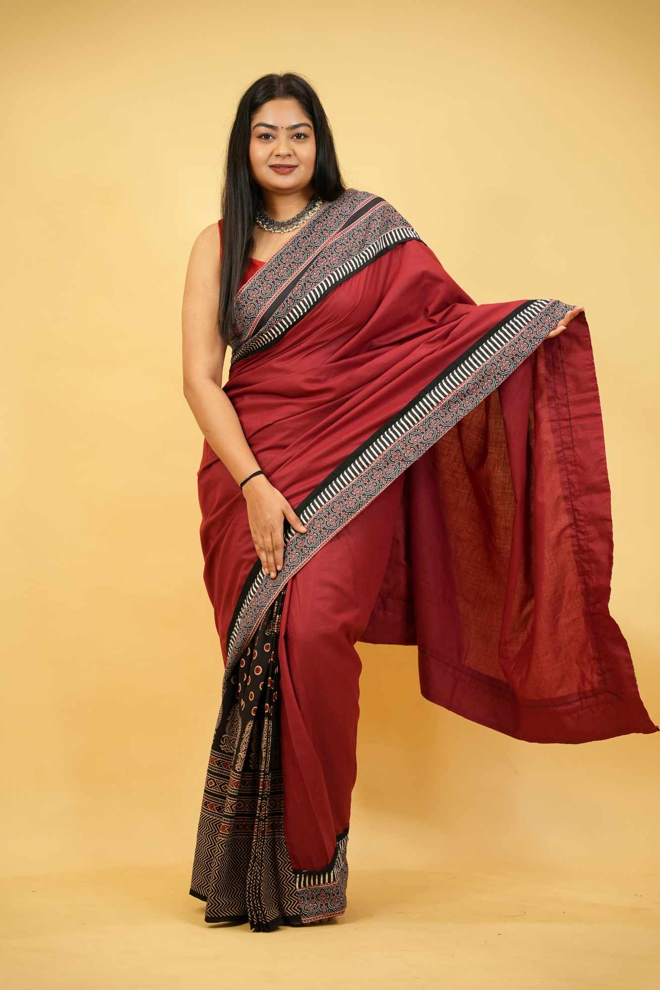 Red & Black Ajrakh Cotton with Rust-Toned Border Ready To Wear Saree - Image 3