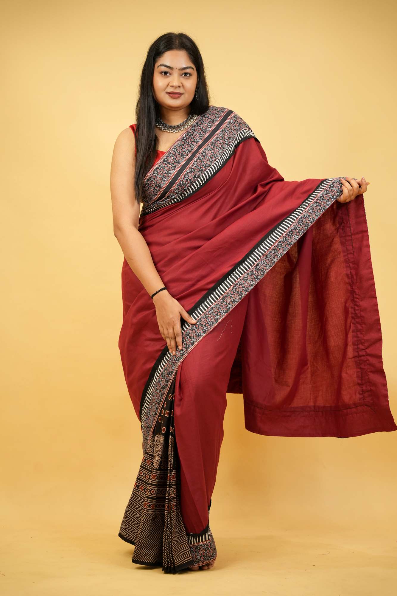 Red & Black Ajrakh Cotton with Rust-Toned Border Ready To Wear Saree - Image 5