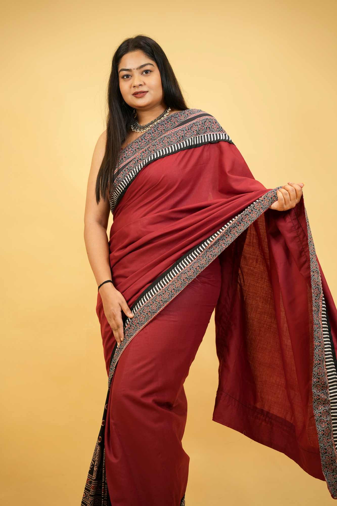 Red & Black Ajrakh Cotton with Rust-Toned Border Ready To Wear Saree - Image 8