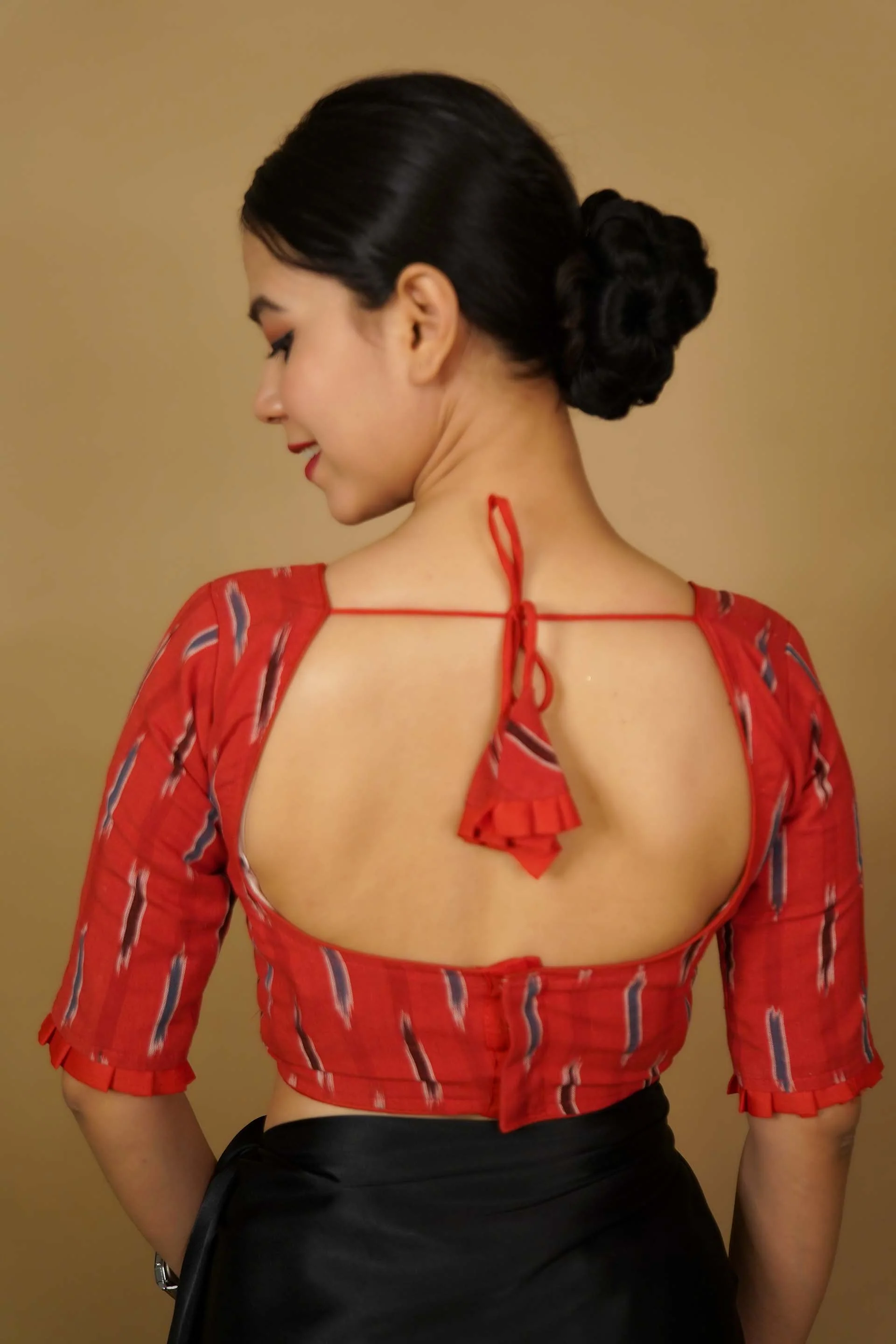 Red Block Printed Princess Cut Piping detailed With tying back  Soft Cotton Blouse - Image 2