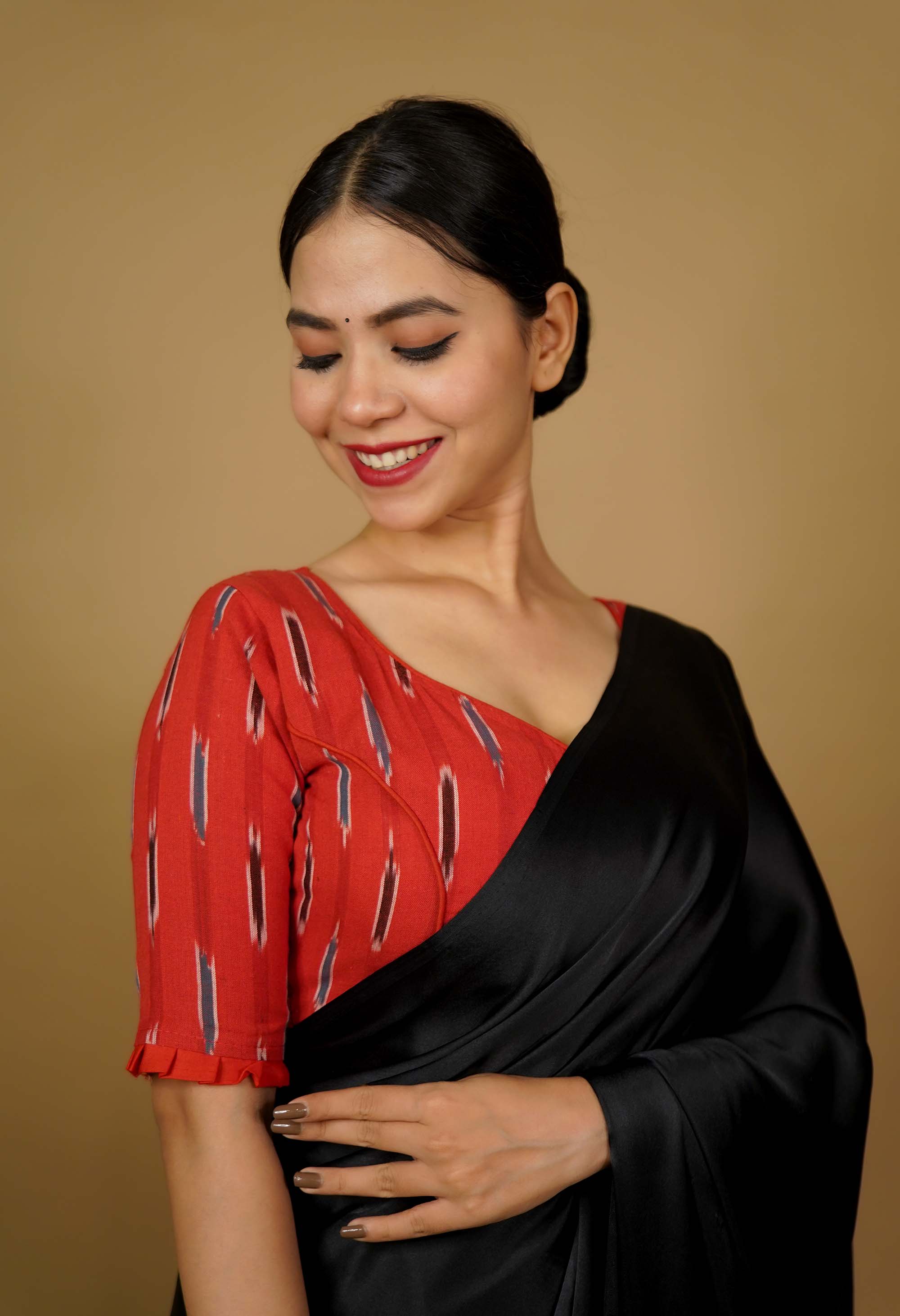 Red Block Printed Princess Cut Piping detailed With tying back  Soft Cotton Blouse - Image 3