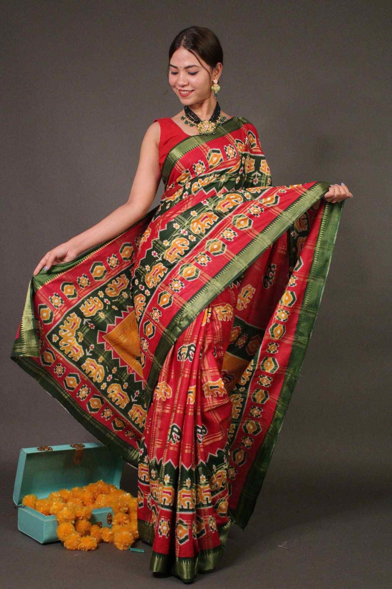 Red Cotton Patola Banarasi pattern festive rich look Wrap in 1 minute saree - Image 3