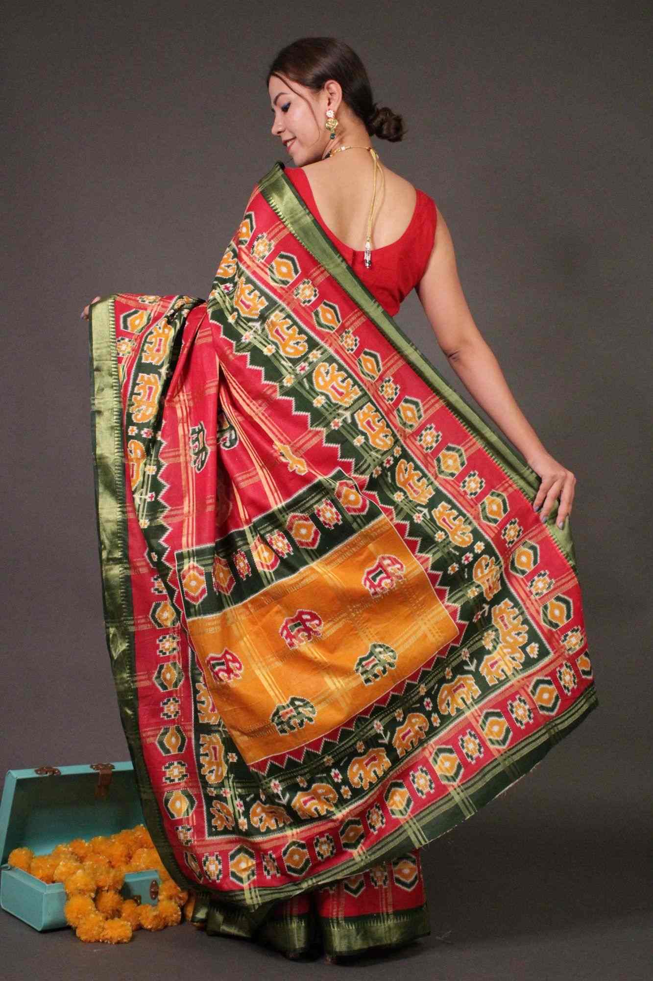 Red Cotton Patola Banarasi pattern festive rich look Wrap in 1 minute saree - Image 4