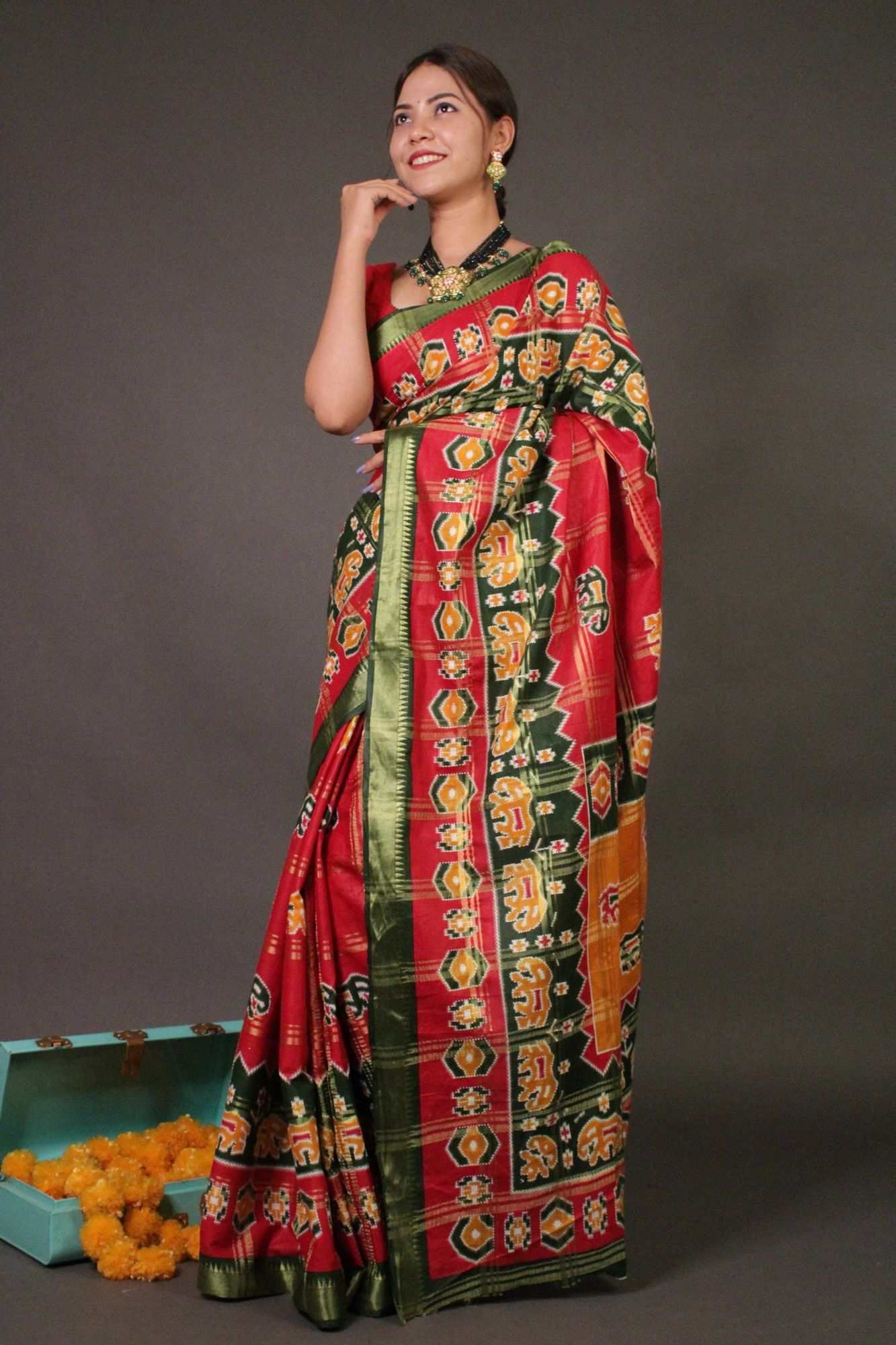 Red Cotton Patola Banarasi pattern festive rich look Wrap in 1 minute saree - Image 5