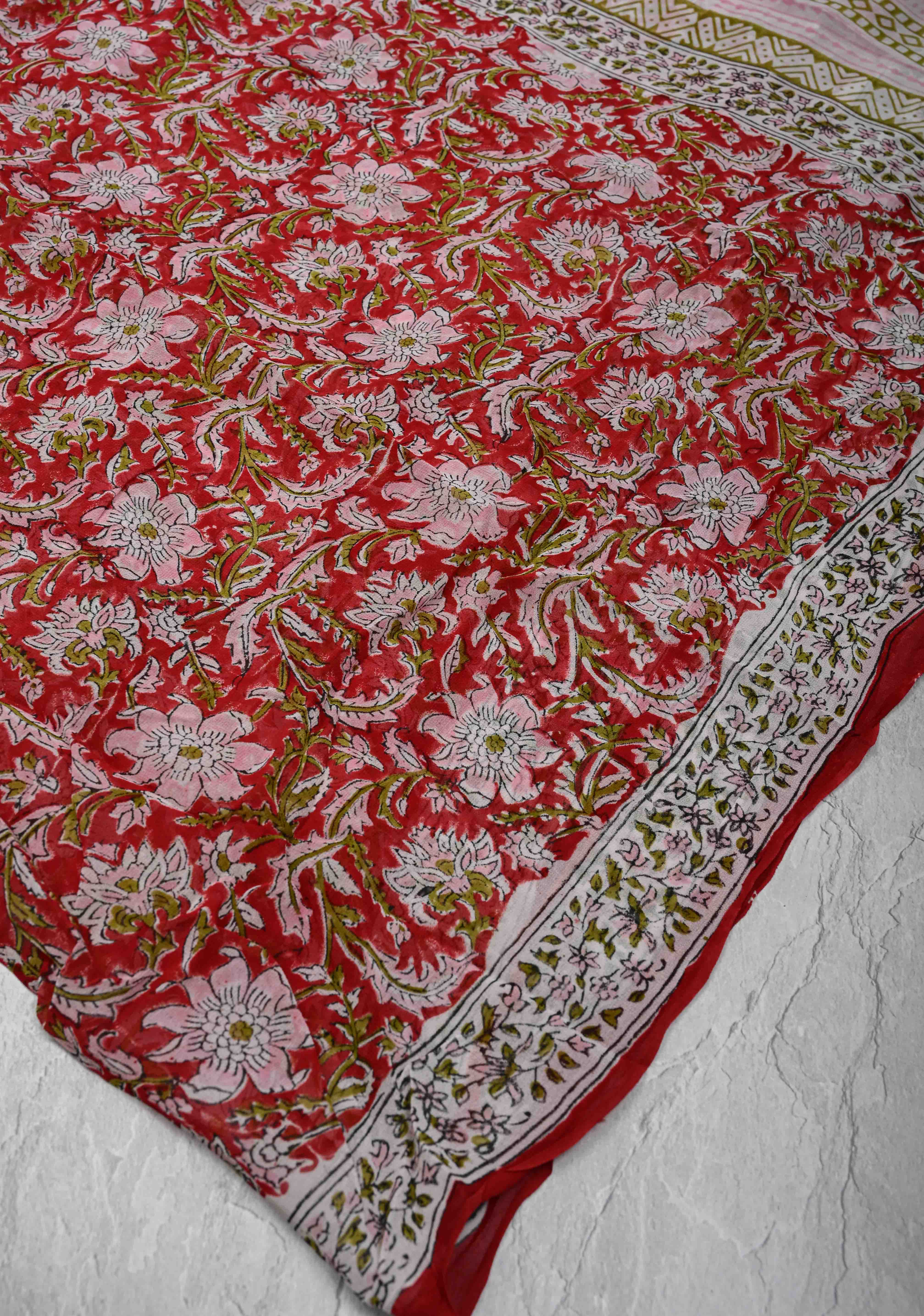 Red Georgette Saree with Sanganeri Hand Block Print | Shobitam - Image 2