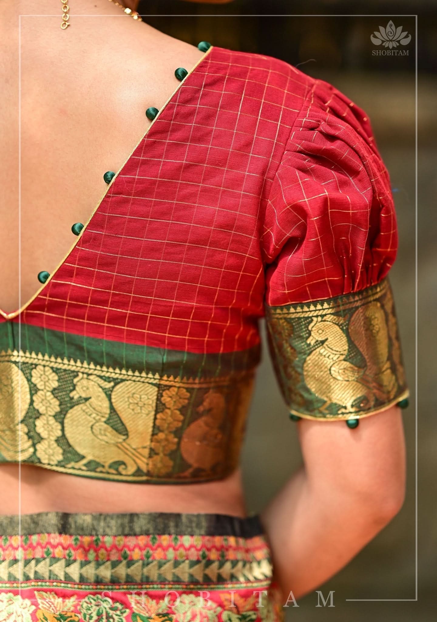 Red Green Plunge Neck Blouse in Chettinadu Cotton with Zari detailing | Shobitam - Image 4