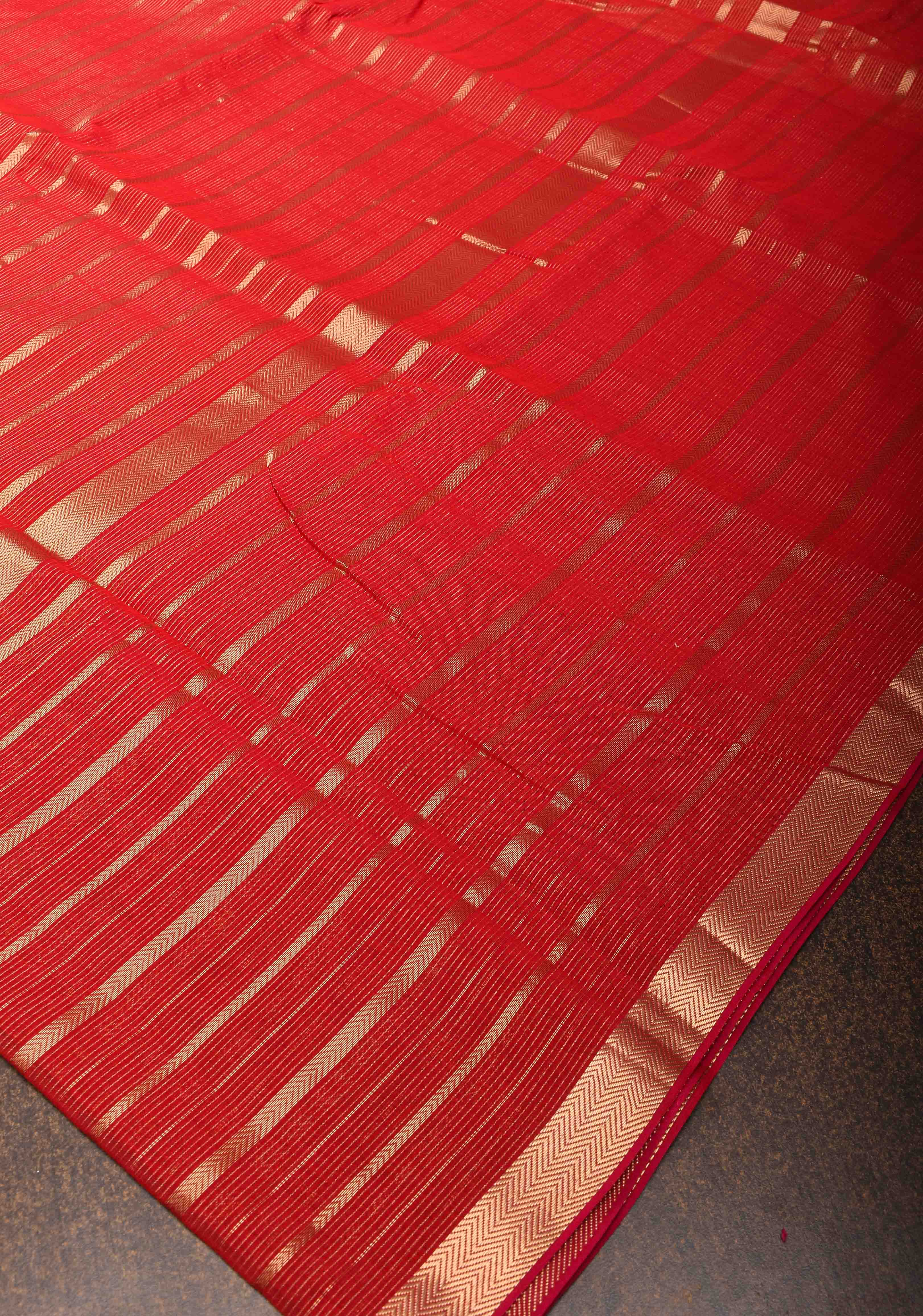 Dark Red Handwoven Maheshwari Silk Cotton Saree with Horizontal Stripes and zari border - Image 2