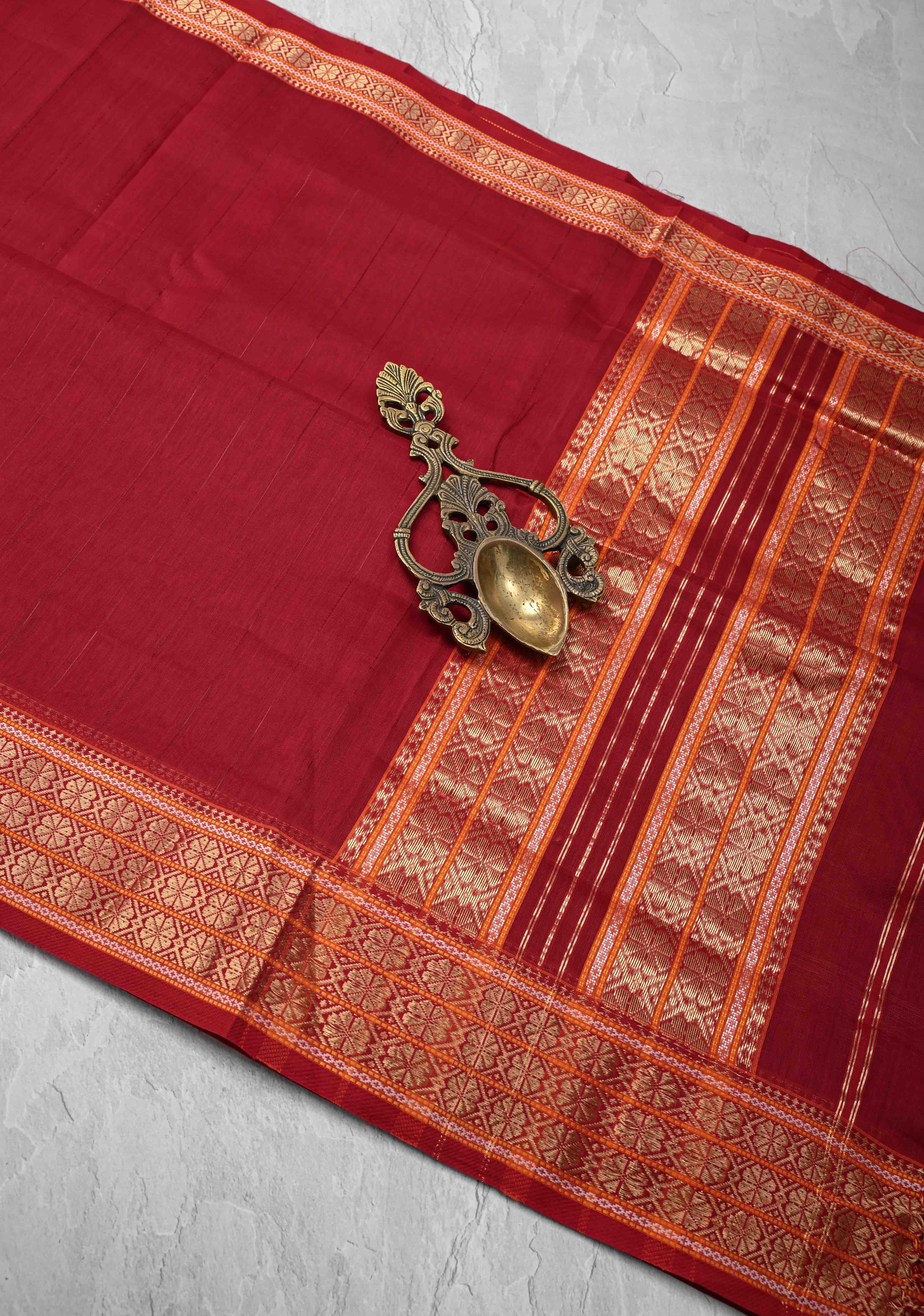 Red Handwoven Maheshwari Silk Cotton Saree with Muted Stripes and Zari Border | Shobitam - Image 2
