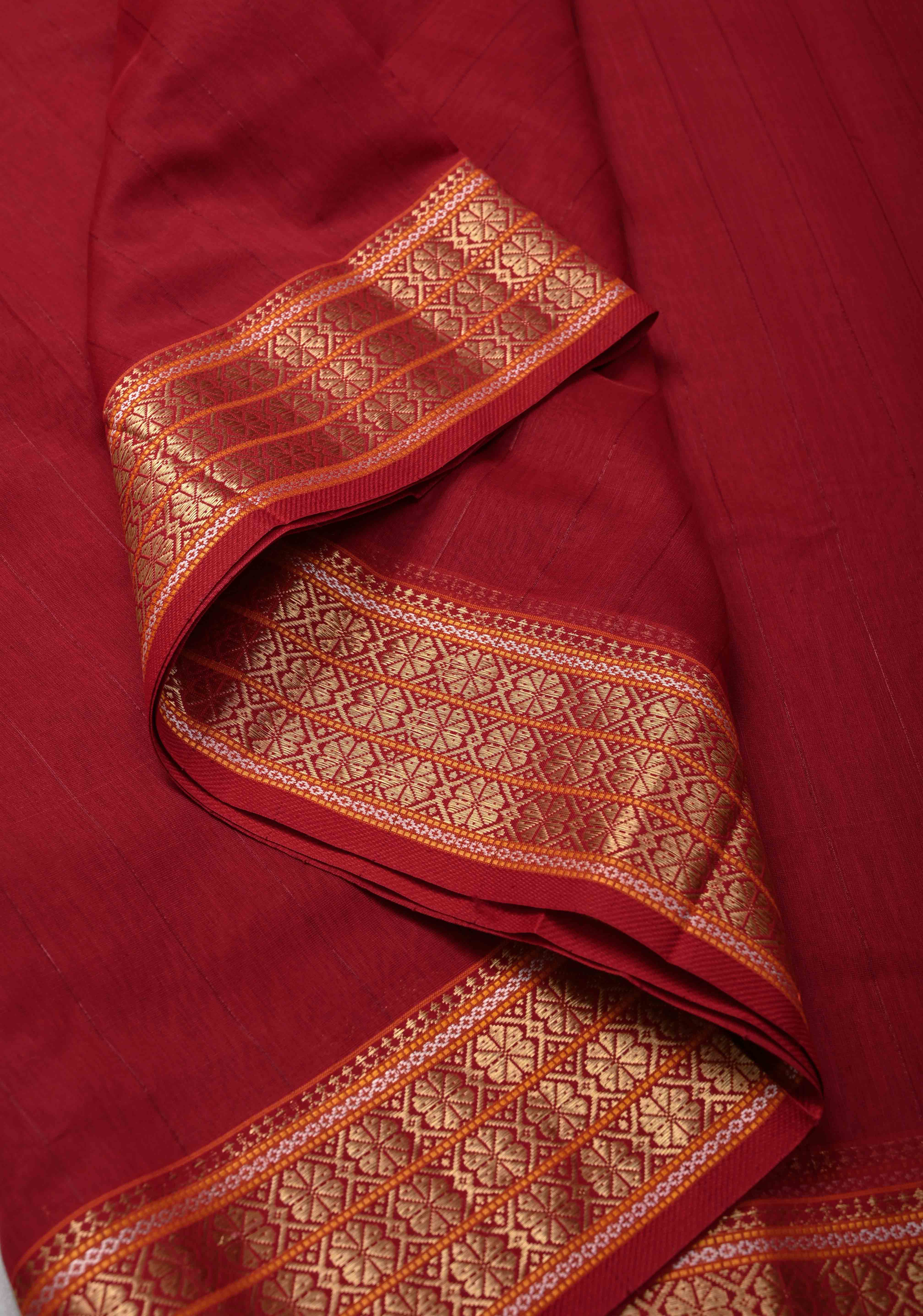 Red Handwoven Maheshwari Silk Cotton Saree with Muted Stripes and Zari Border | Shobitam - Image 6