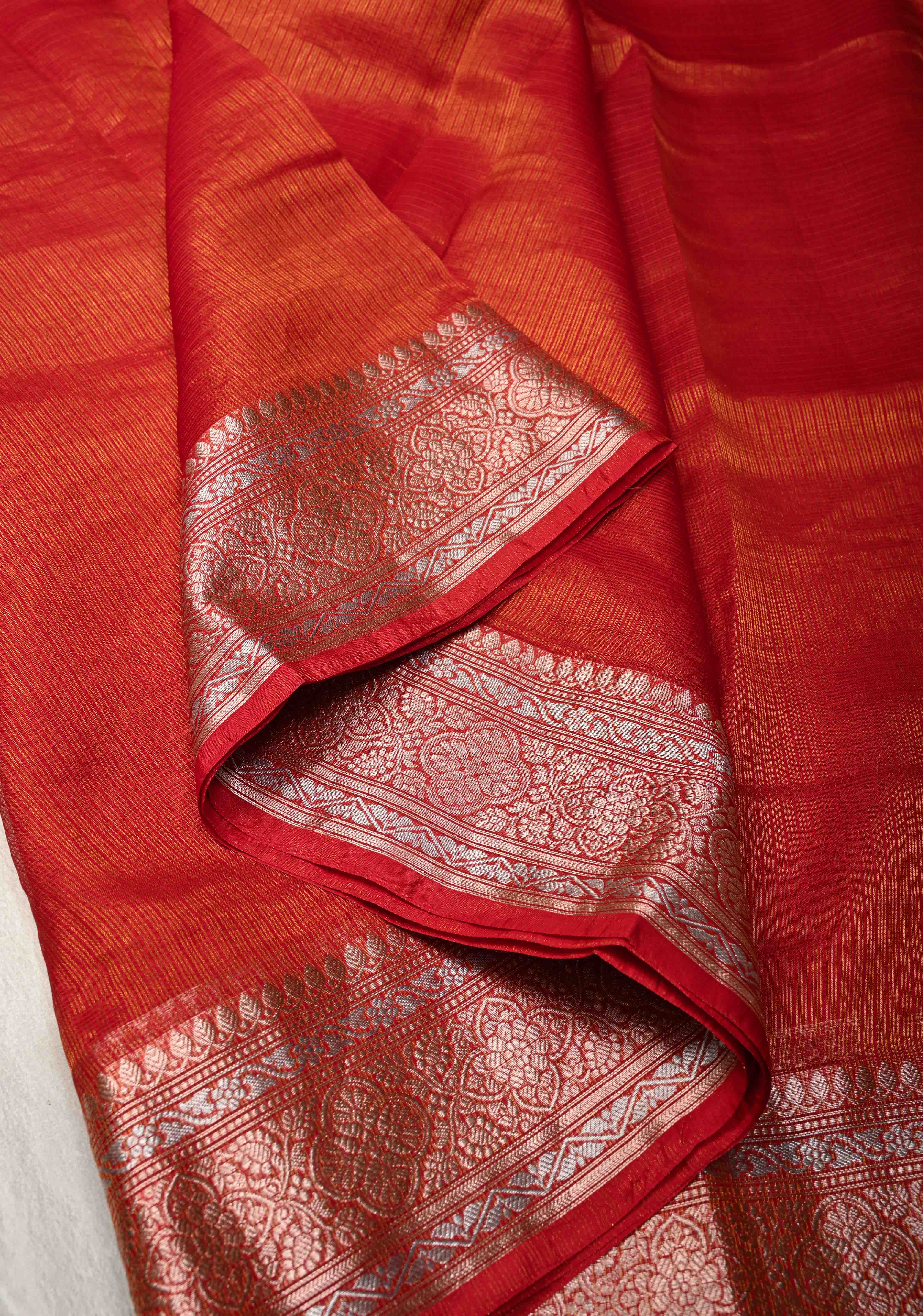 Red Kota Doria Tissue Cotton Saree with Sona Rupa Zari Border | Shobitam - Image 6