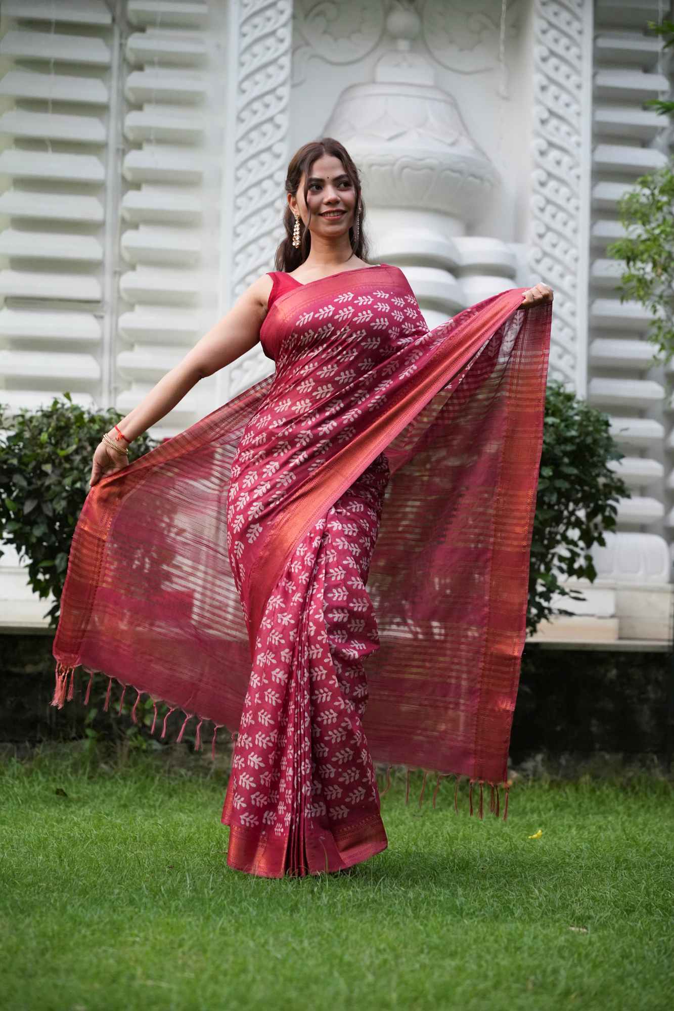Red Kota Silk with Gold Zari Border & Tassels Ready To Wear Saree - Image 5