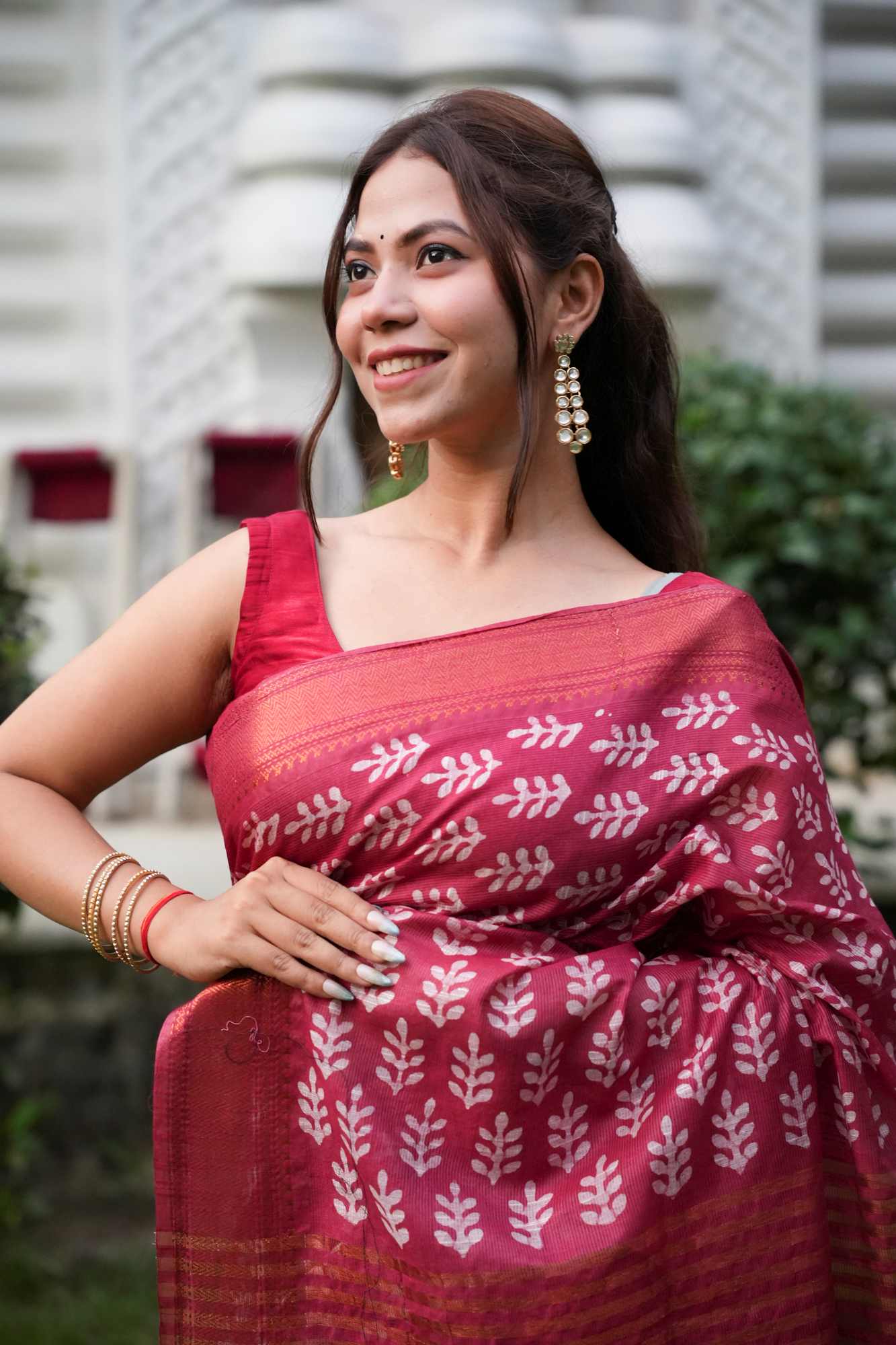 Red Kota Silk with Gold Zari Border & Tassels Ready To Wear Saree - Image 8