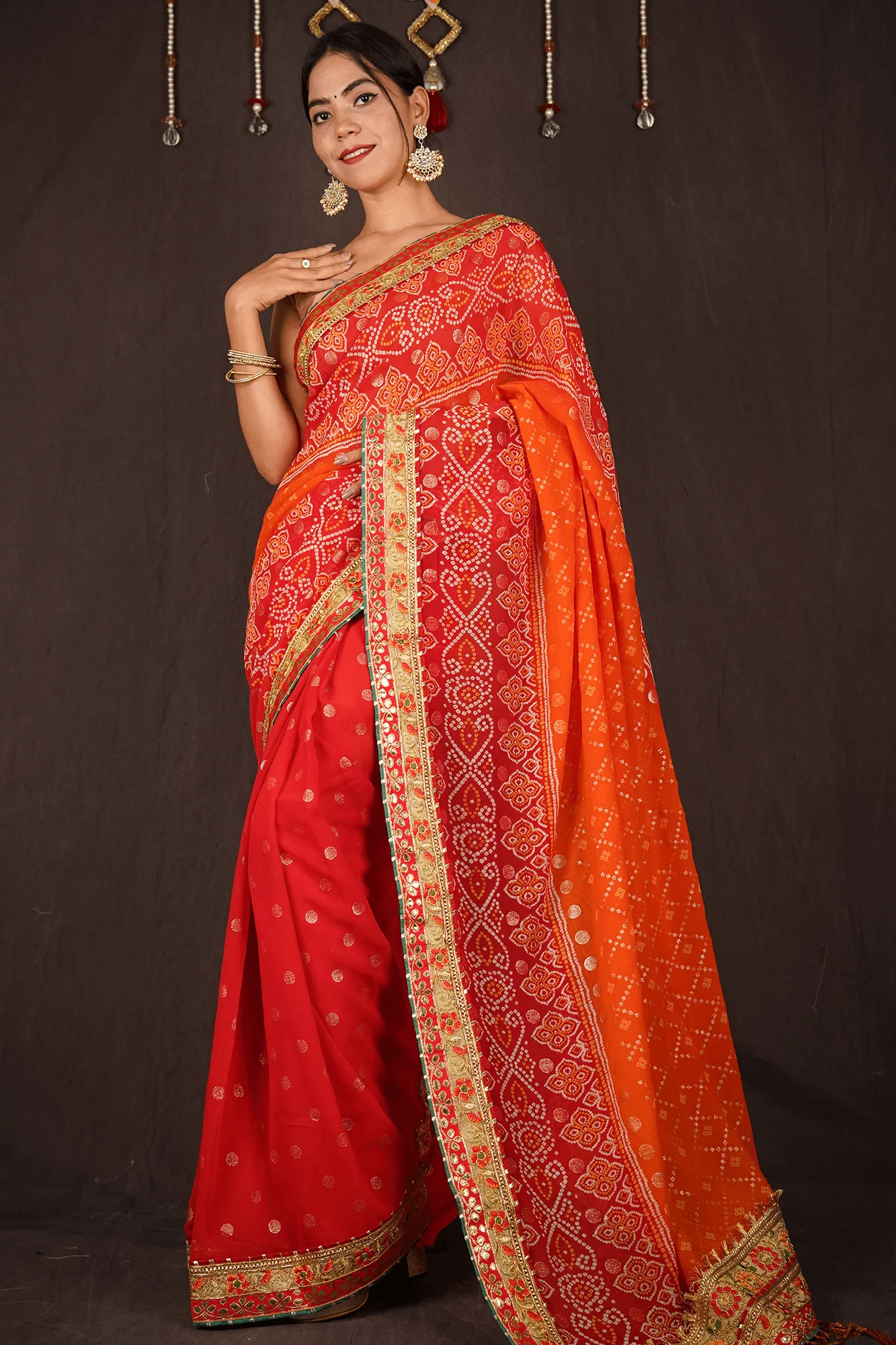 RED - ORANGE GEORGETTE CHIFFON BANDHANI SAREE WITH GOTA PATTI BORDER - Image 5